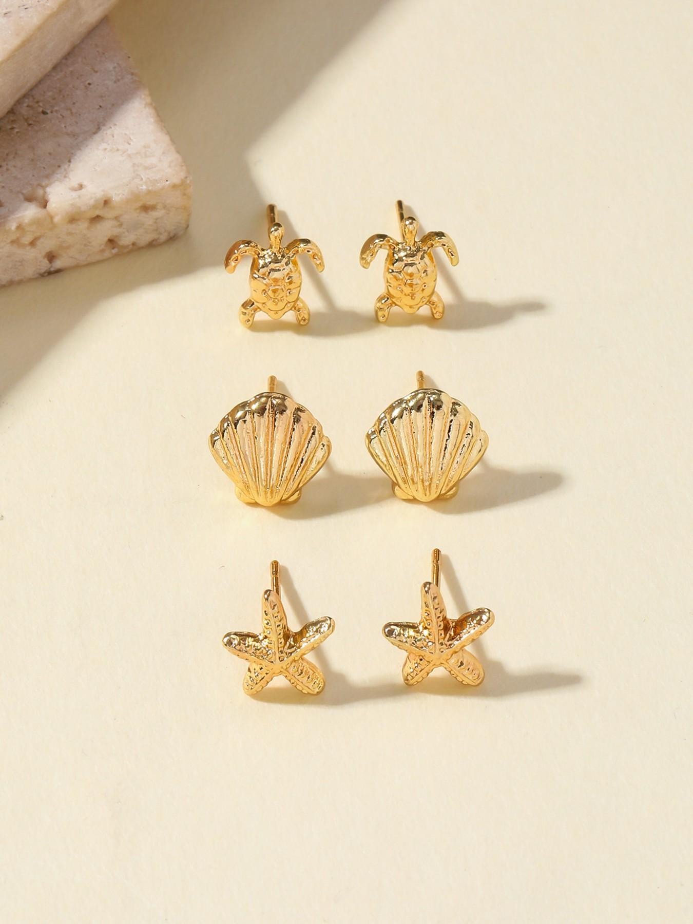 Gold Ocean-Inspired Stud Earrings Set - Turtle, Shell, Starfish Designs for Casual Wear.