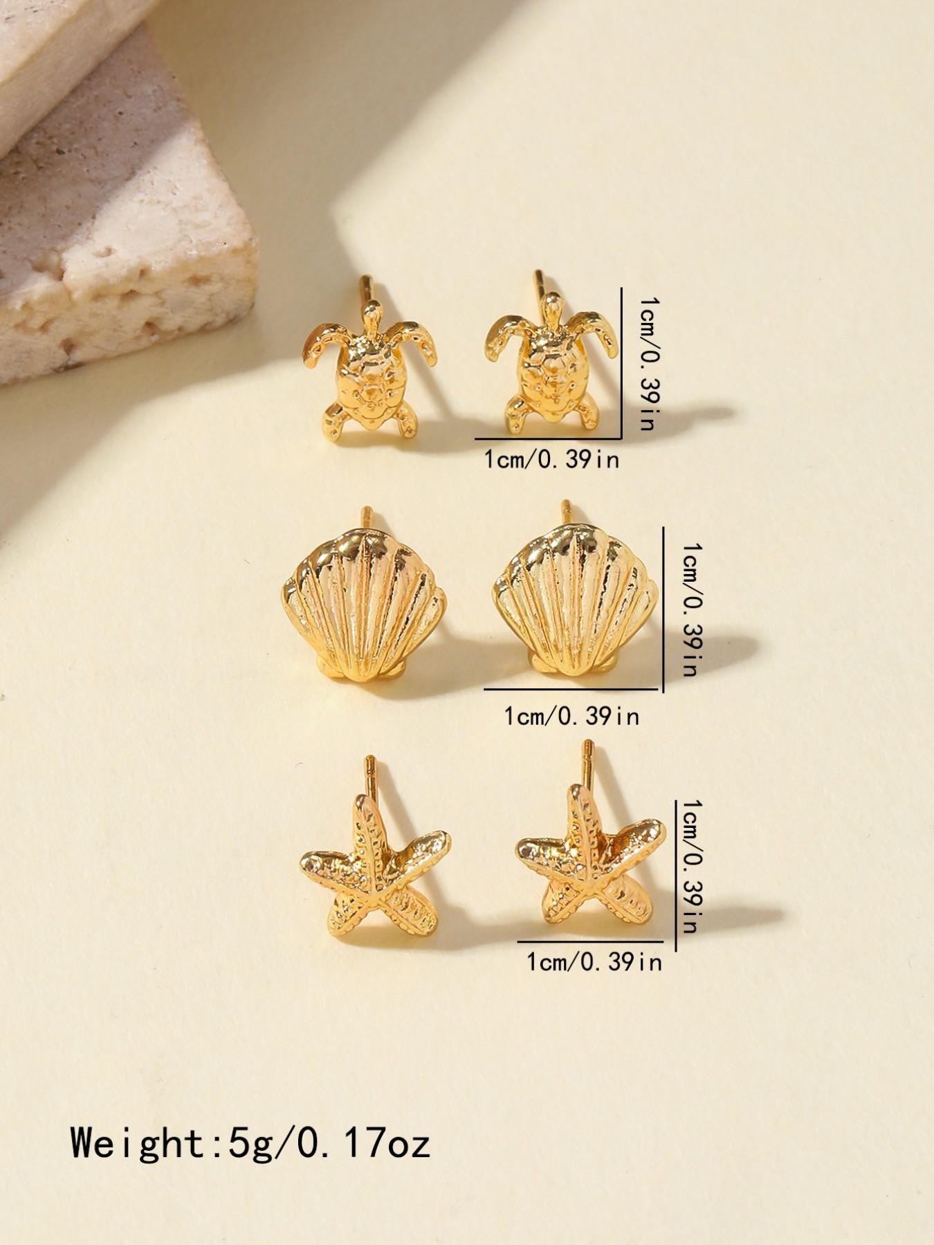 Gold Ocean-Inspired Stud Earrings Set - Turtle, Shell, Starfish Designs for Casual Wear.