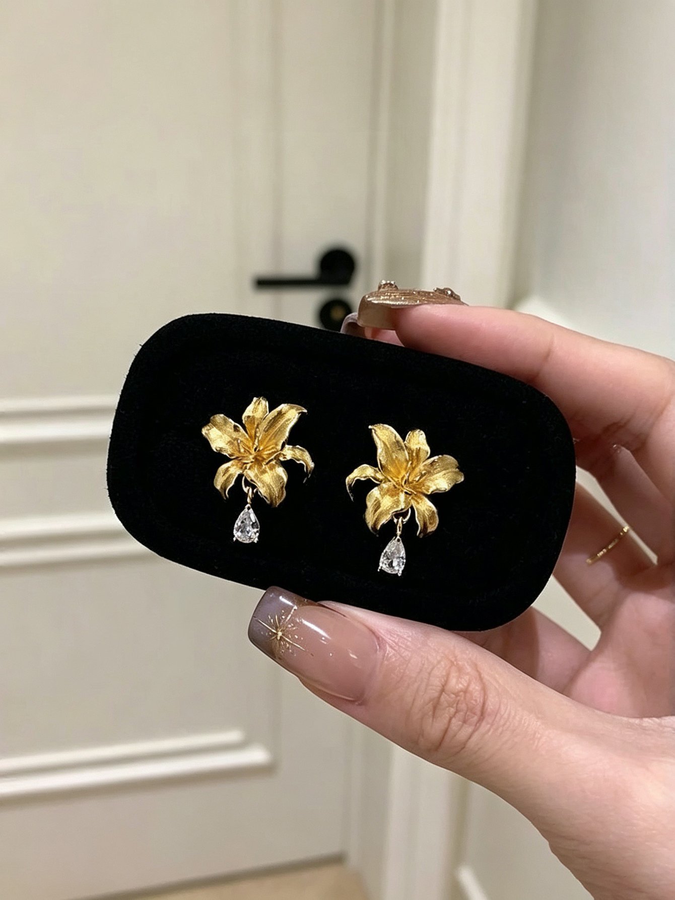 Golden Lily Stud Earrings with Zircon Drop - Casual Wear.