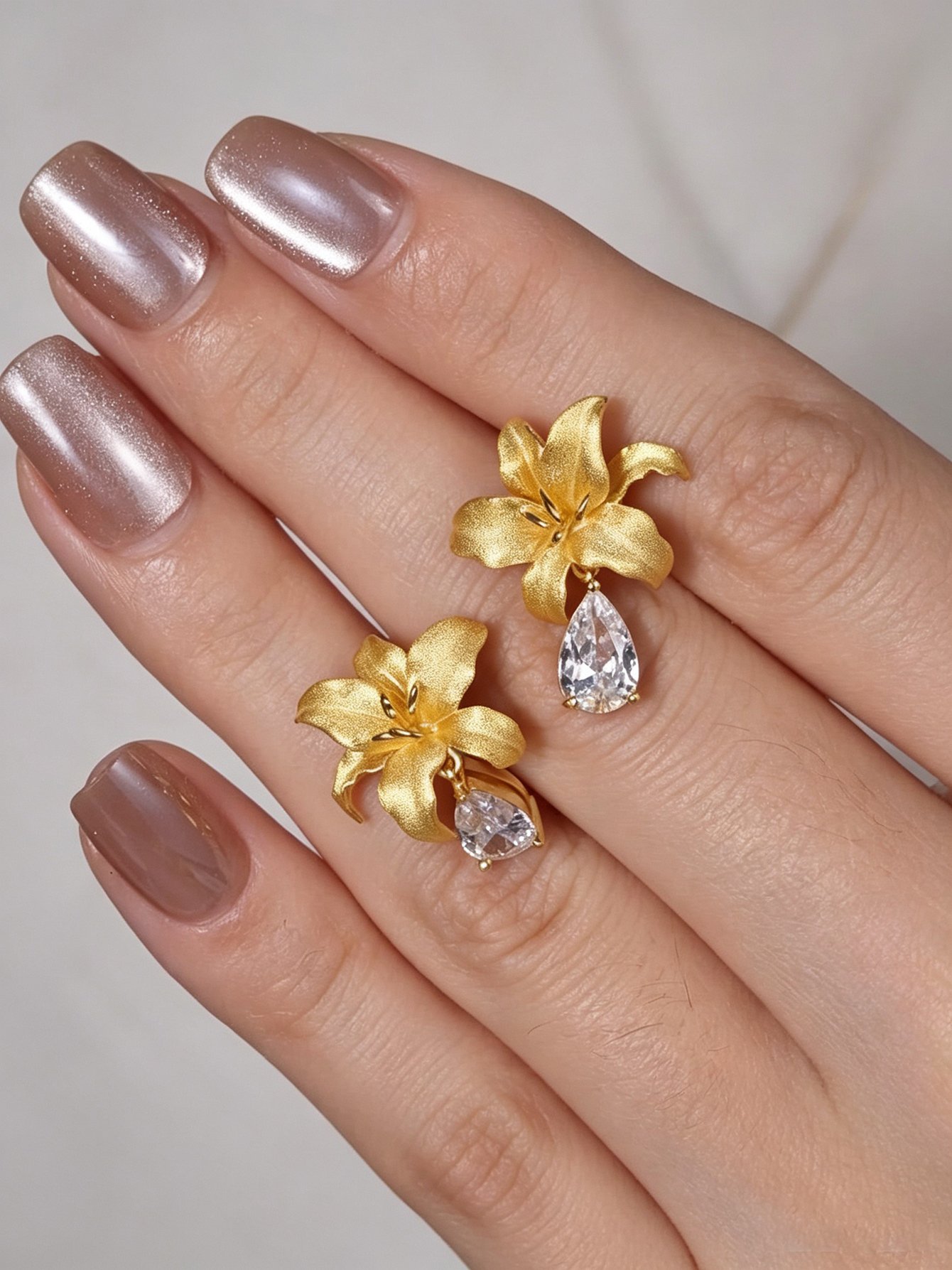 Golden Lily Stud Earrings with Zircon Drop - Casual Wear.