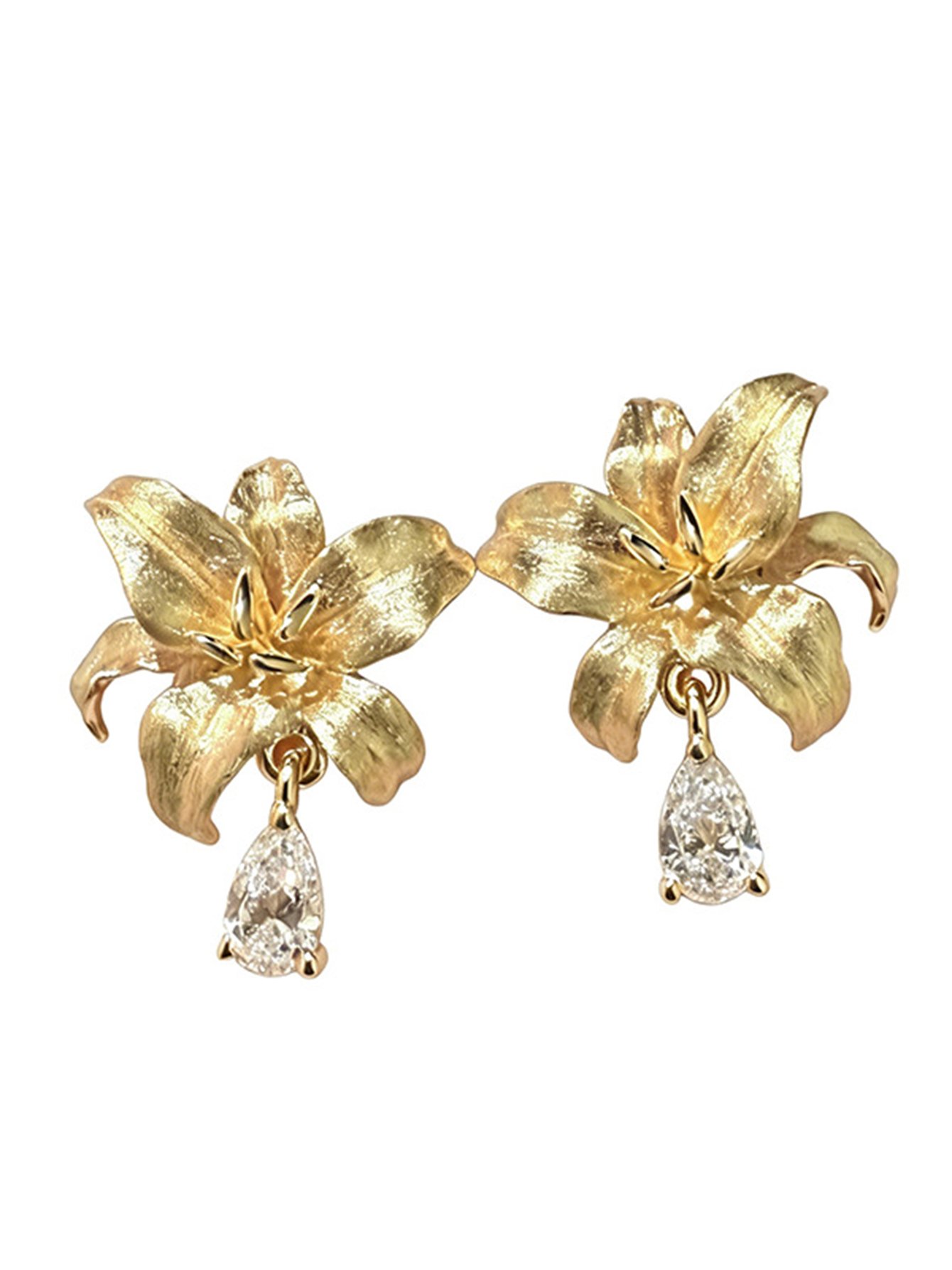 Golden Lily Stud Earrings with Zircon Drop - Casual Wear.