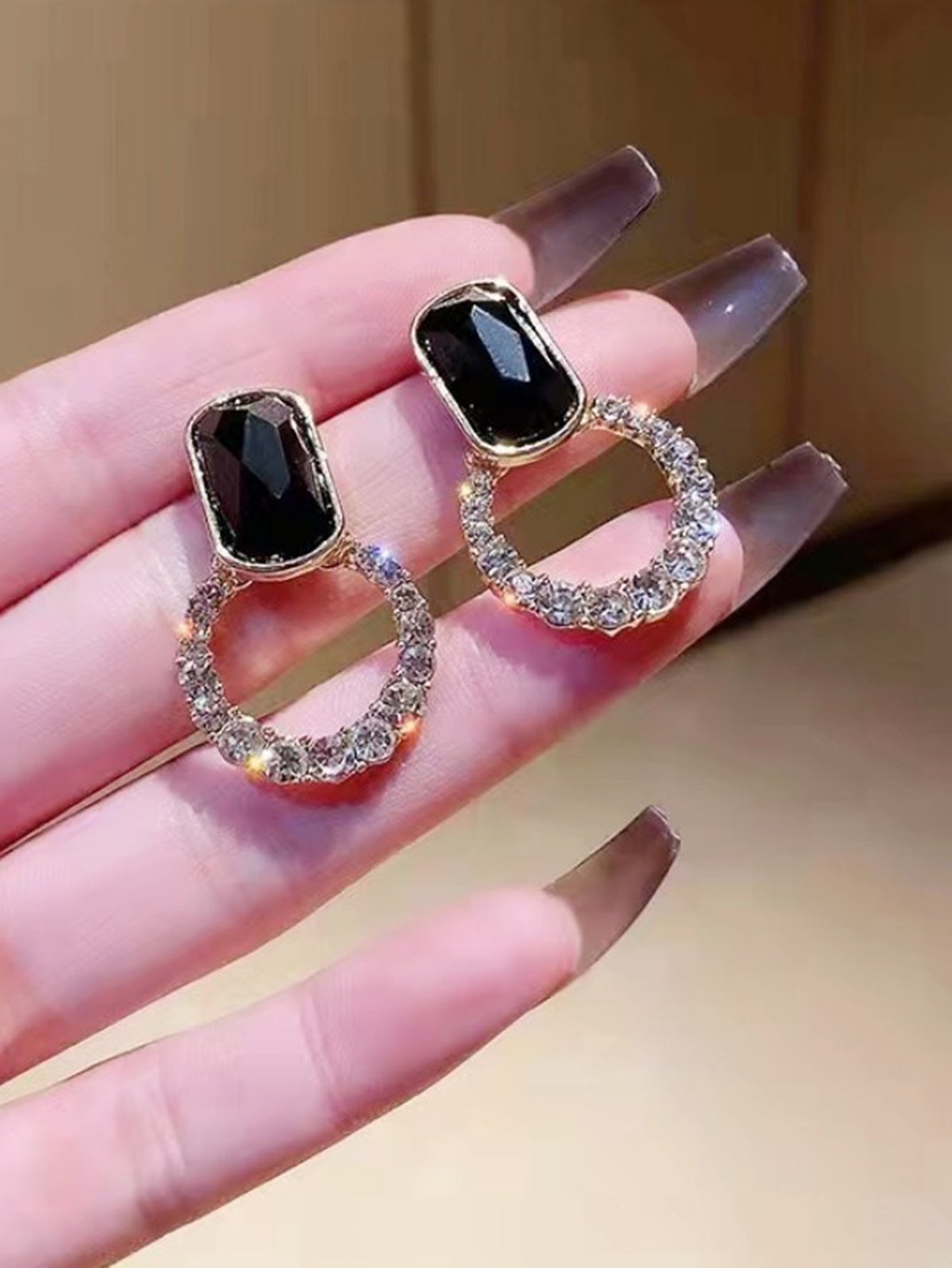 Gold and Black Crystal Drop Earrings - Casual Dangles.