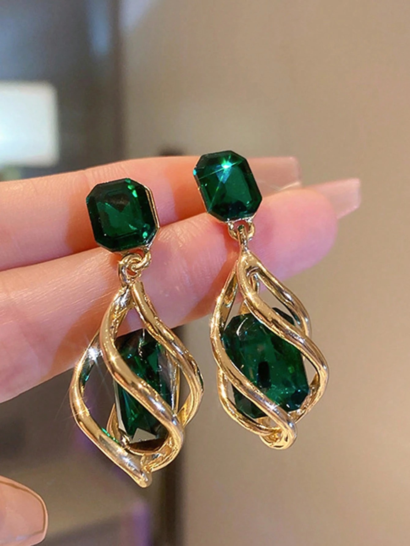 Gold Plated Green Crystal Dangle Earrings for Women.