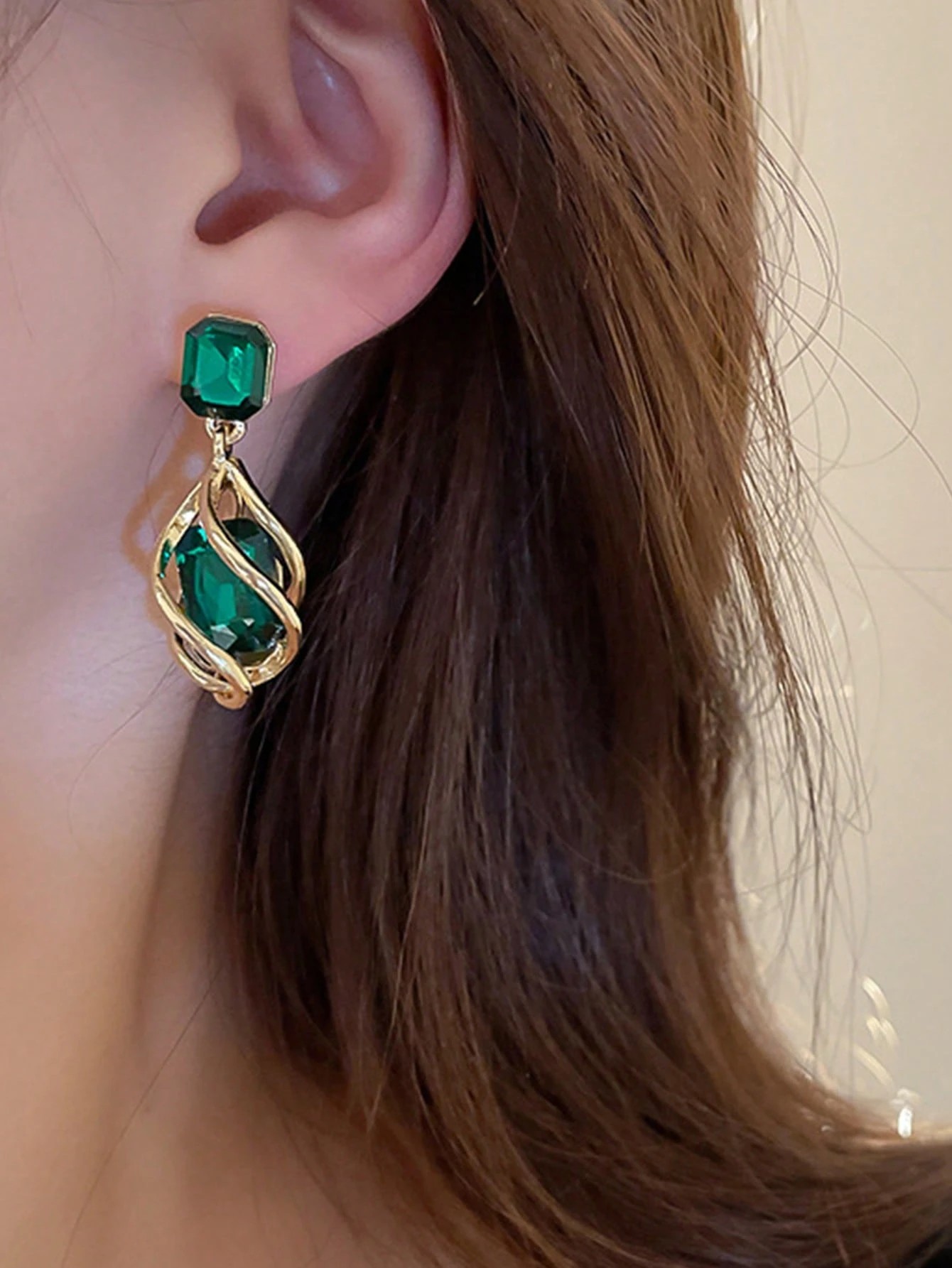 Gold Plated Green Crystal Dangle Earrings for Women.