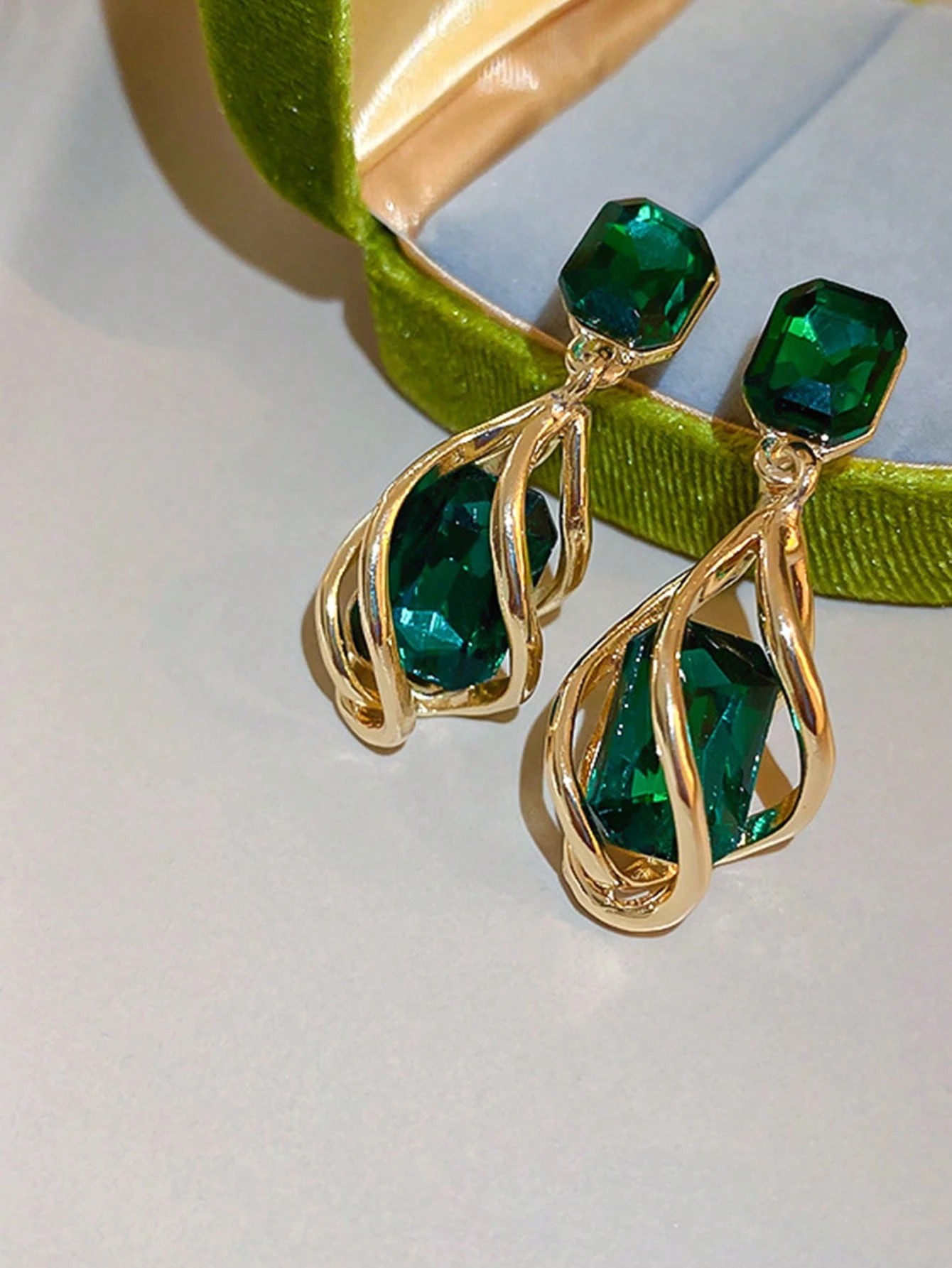 Gold Plated Green Crystal Dangle Earrings for Women.