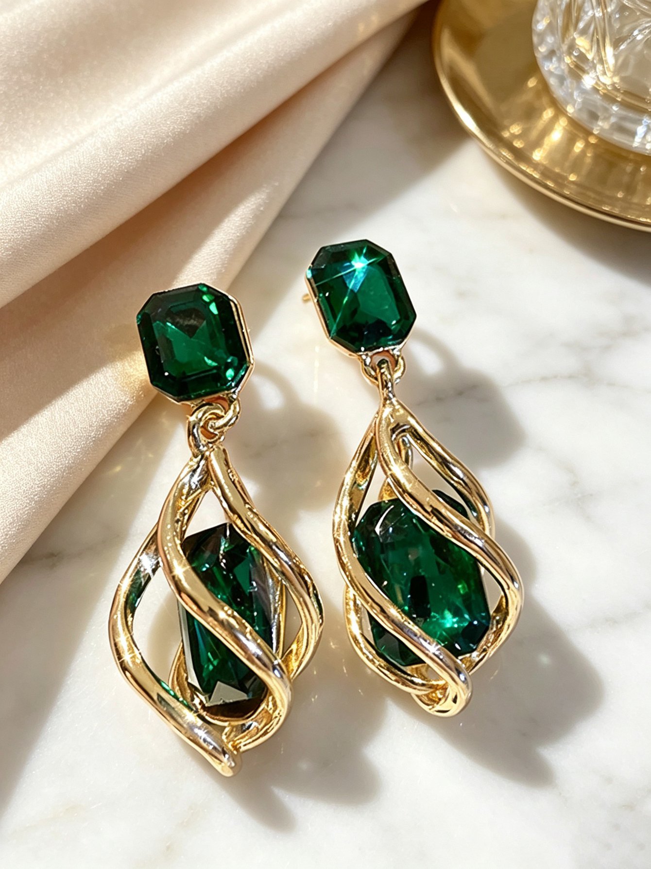Gold Plated Green Crystal Dangle Earrings for Women.