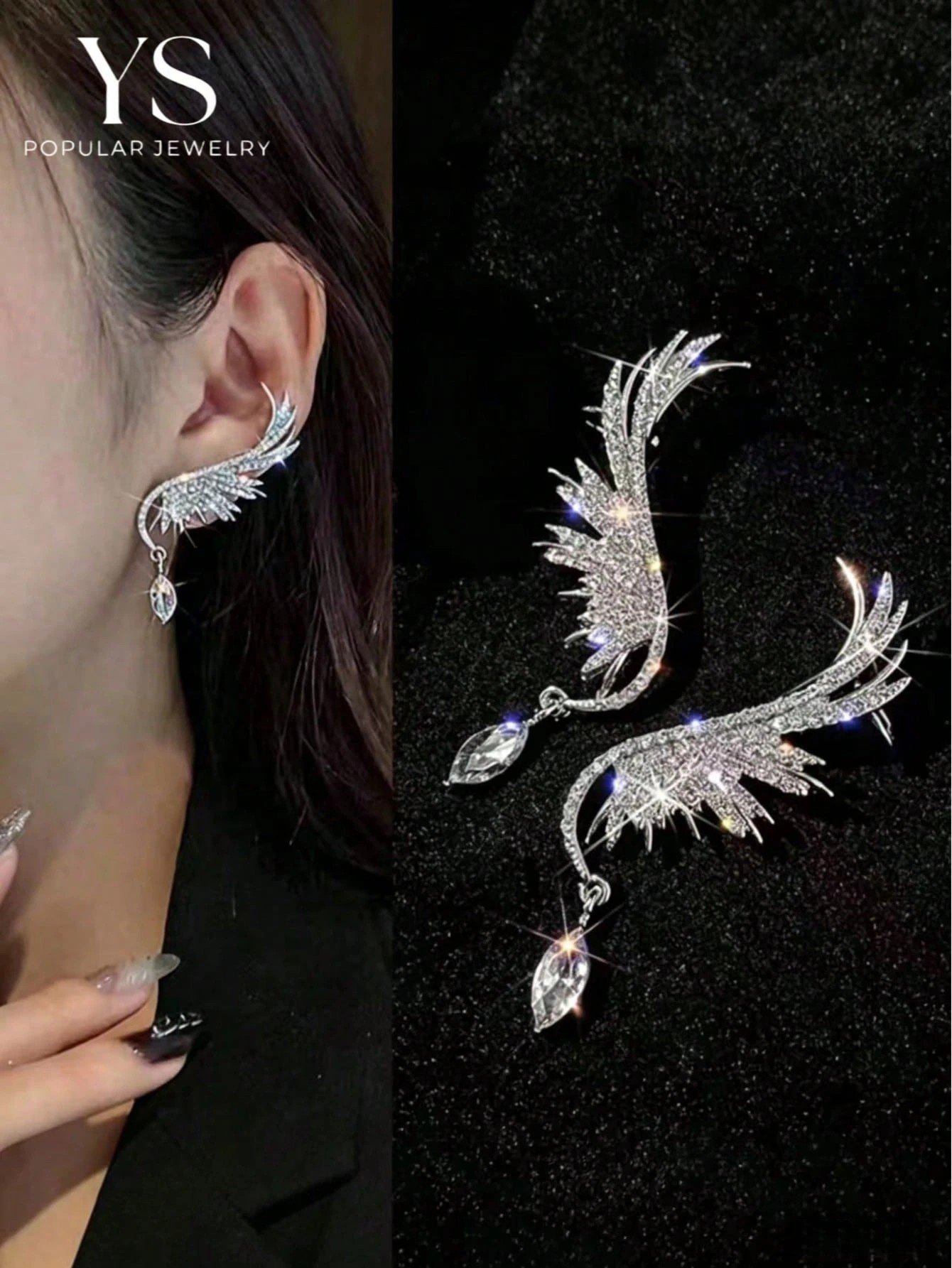 Silver Rhinestone Angel Wing Ear Cuff with Teardrop Crystal - Casual Wear for Her.