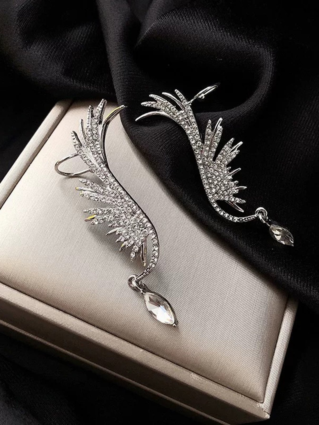 Silver Rhinestone Angel Wing Ear Cuff with Teardrop Crystal - Casual Wear for Her.
