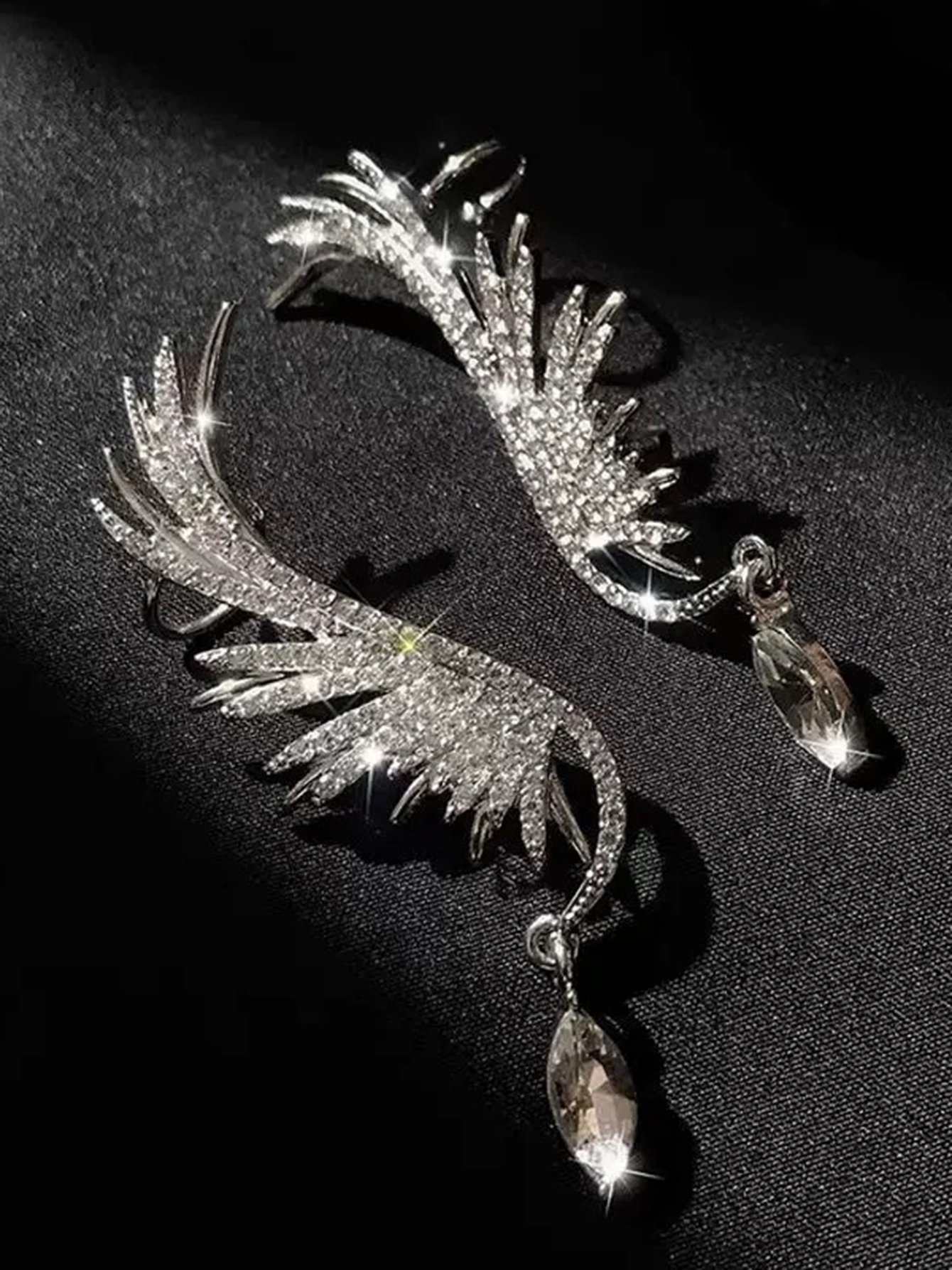 Silver Rhinestone Angel Wing Ear Cuff with Teardrop Crystal - Casual Wear for Her.