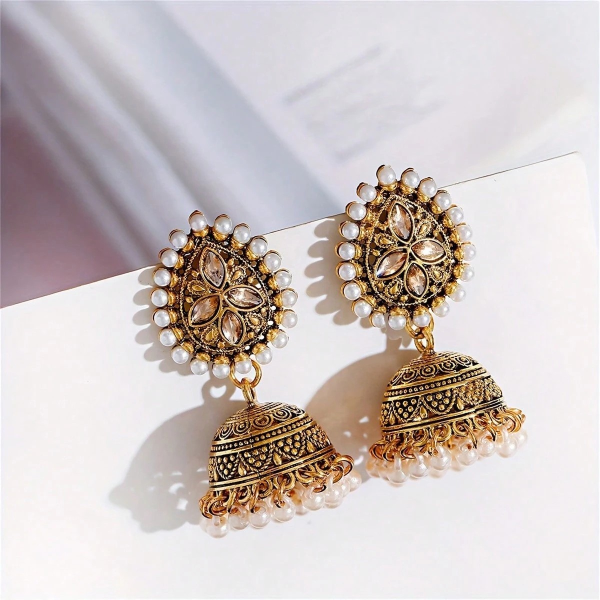 Gold Floral Pearl Drop Jhumka Earrings - Casual Ethnic Style.