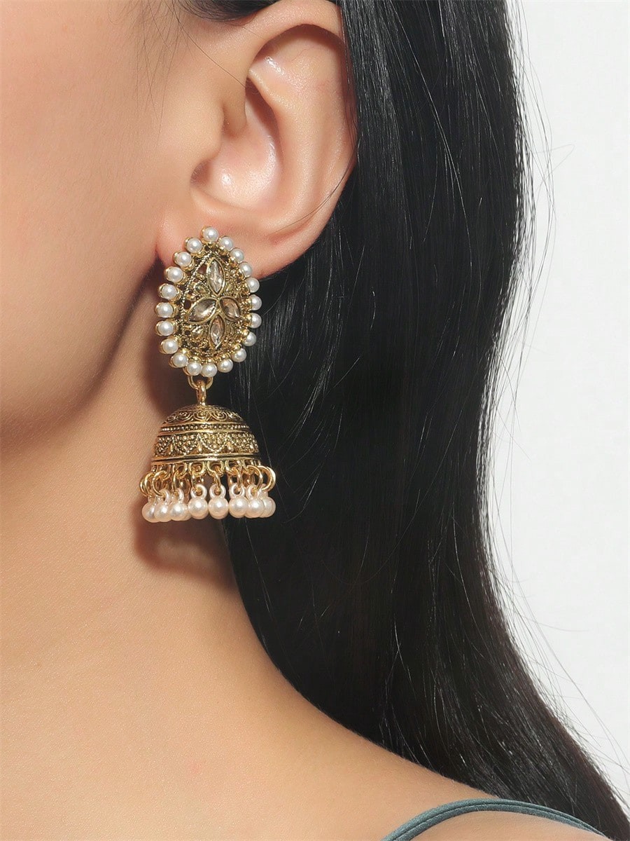 Gold Floral Pearl Drop Jhumka Earrings - Casual Ethnic Style.