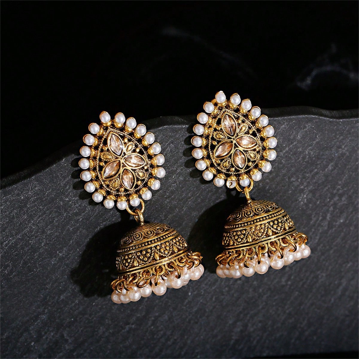 Gold Floral Pearl Drop Jhumka Earrings - Casual Ethnic Style.
