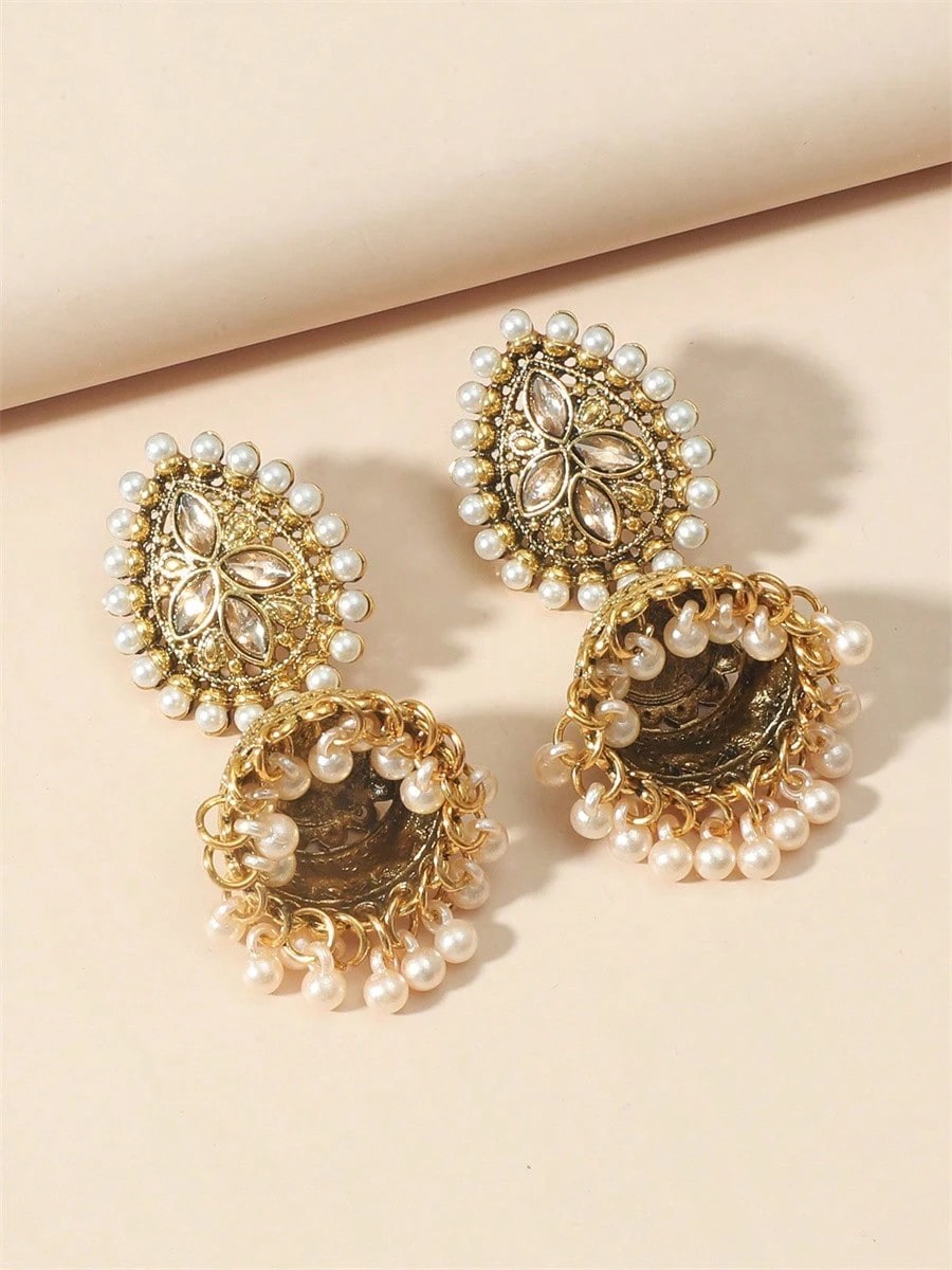 Gold Floral Pearl Drop Jhumka Earrings - Casual Ethnic Style.