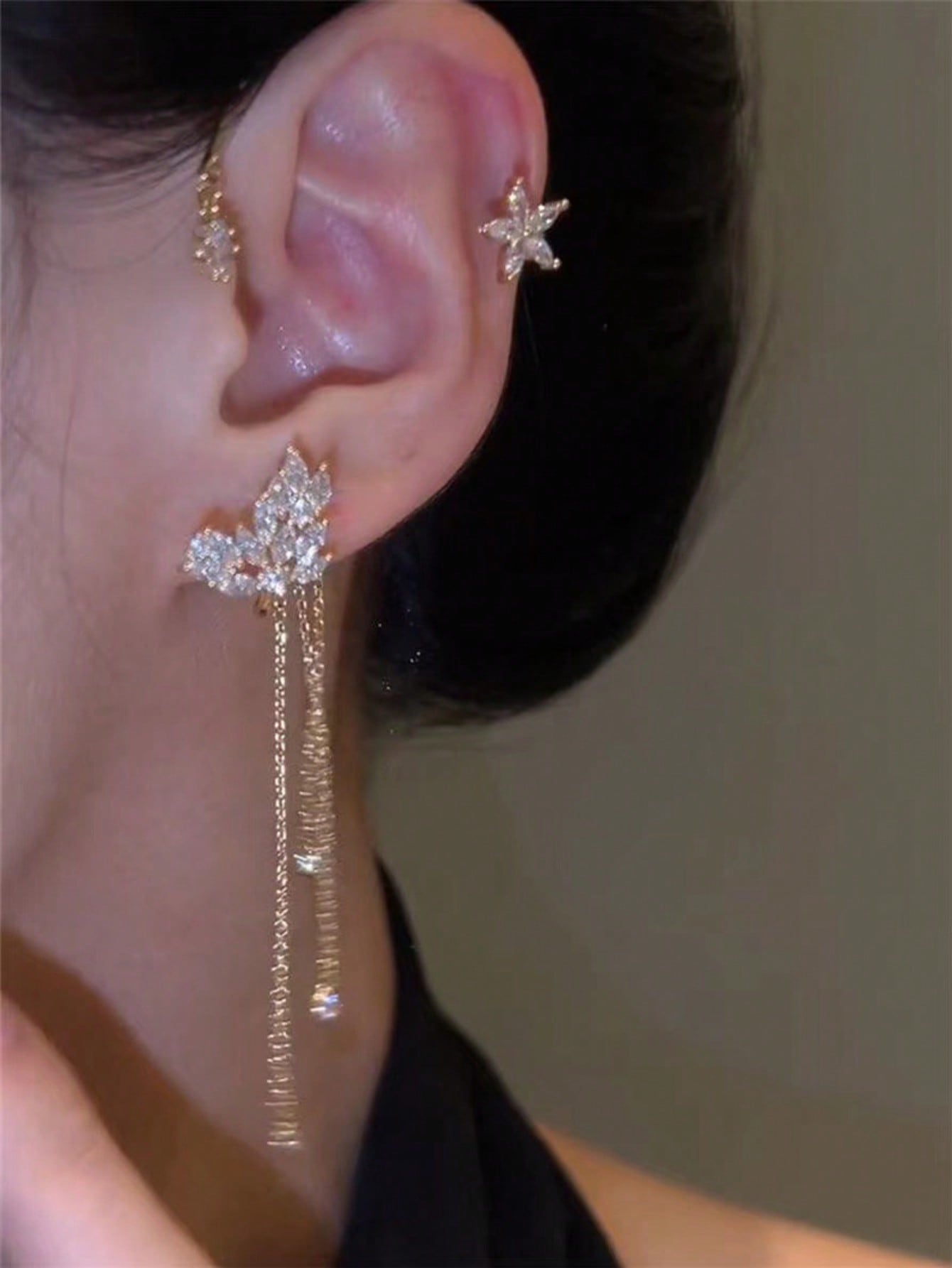 Gold Butterfly Crystal Ear Cuff - No Piercing Tassel Earrings for Everyday Wear.