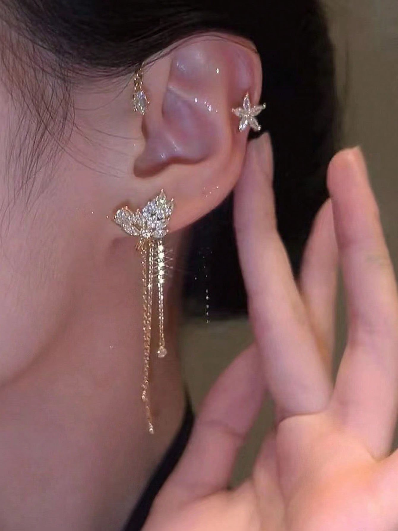Gold Butterfly Crystal Ear Cuff - No Piercing Tassel Earrings for Everyday Wear.