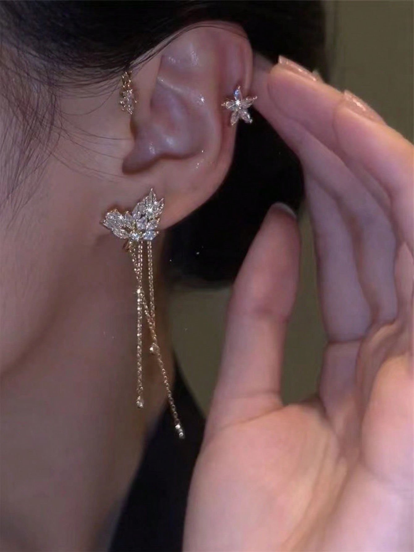 Gold Butterfly Crystal Ear Cuff - No Piercing Tassel Earrings for Everyday Wear.