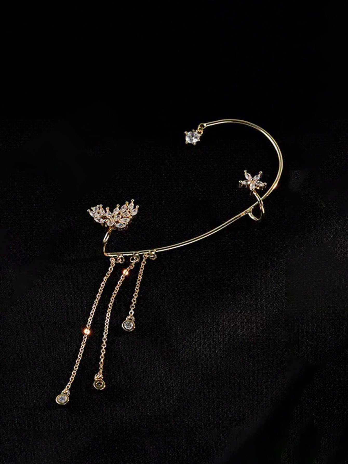 Gold Butterfly Crystal Ear Cuff - No Piercing Tassel Earrings for Everyday Wear.