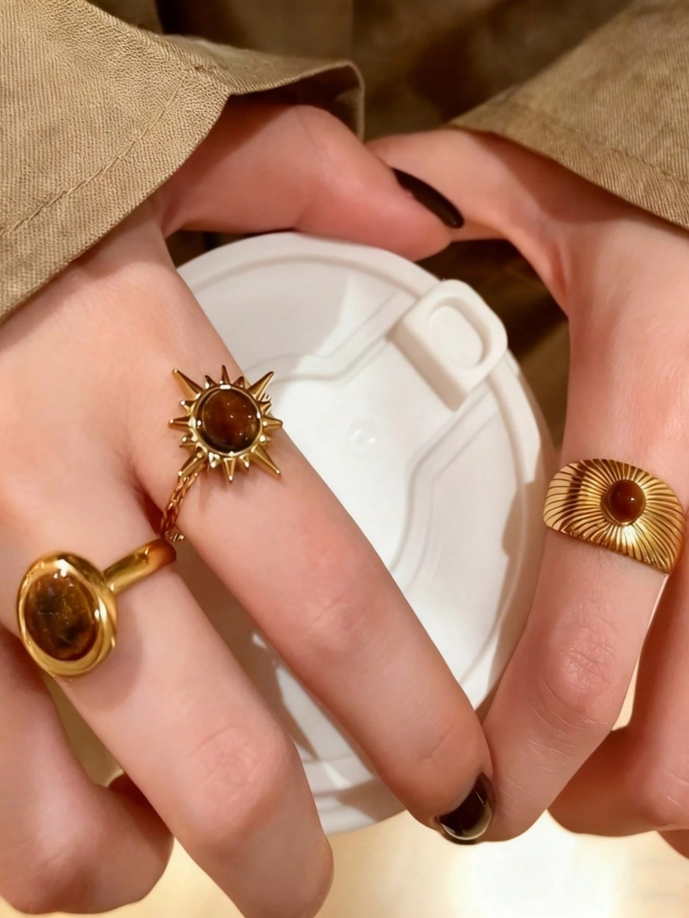 Golden Tiger Eye Adjustable Rings Set
