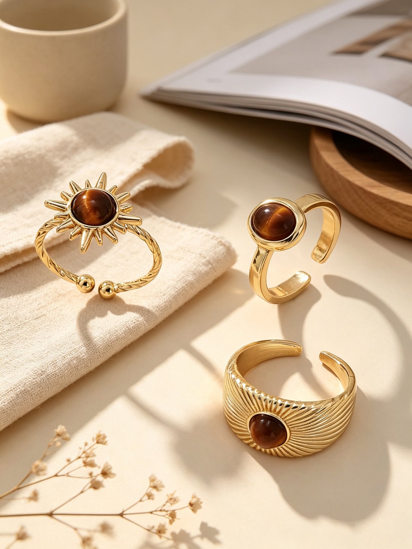 Golden Tiger Eye Adjustable Rings Set
