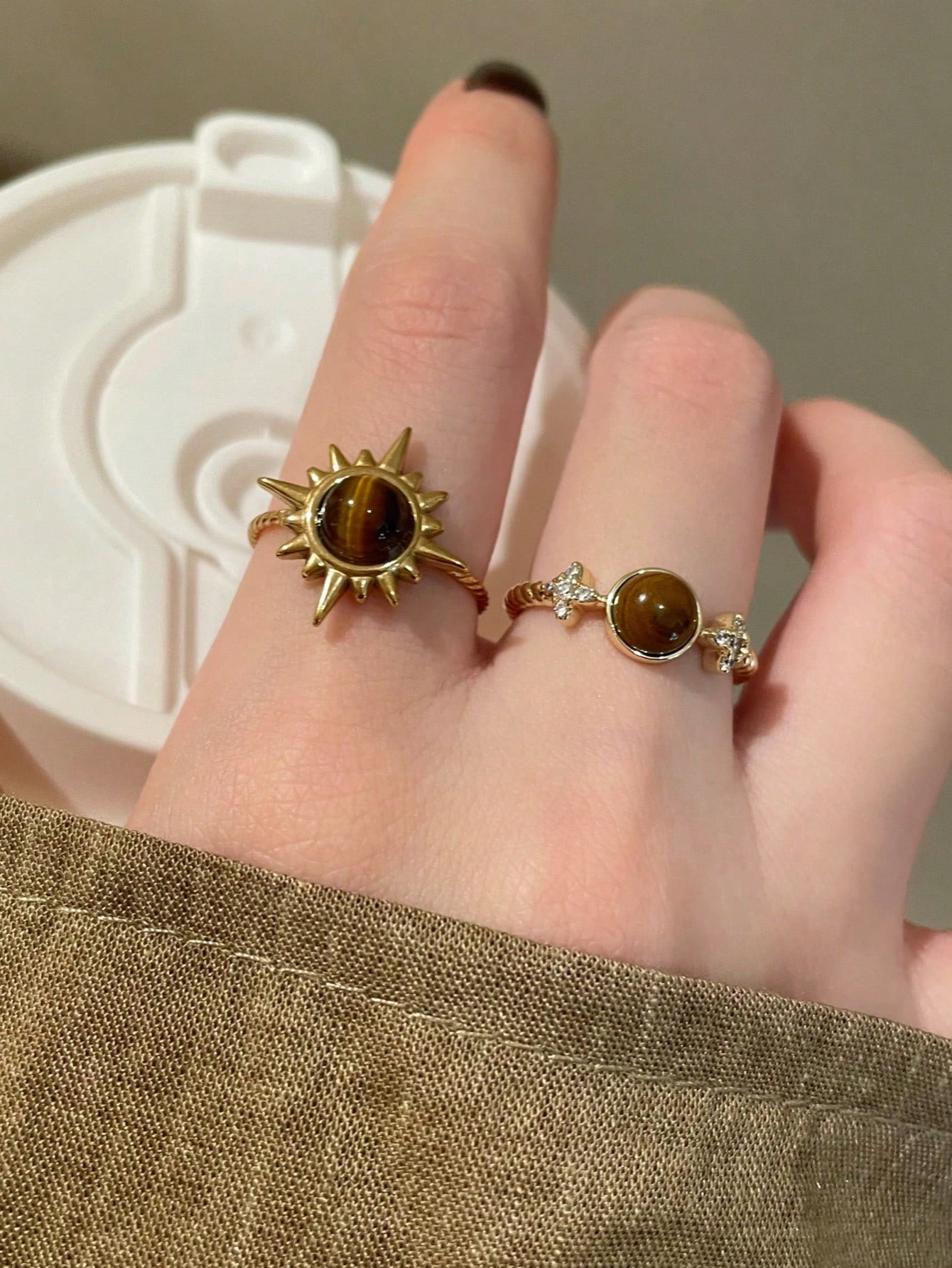 Gold Tiger Eye Sun and Star Rings Set