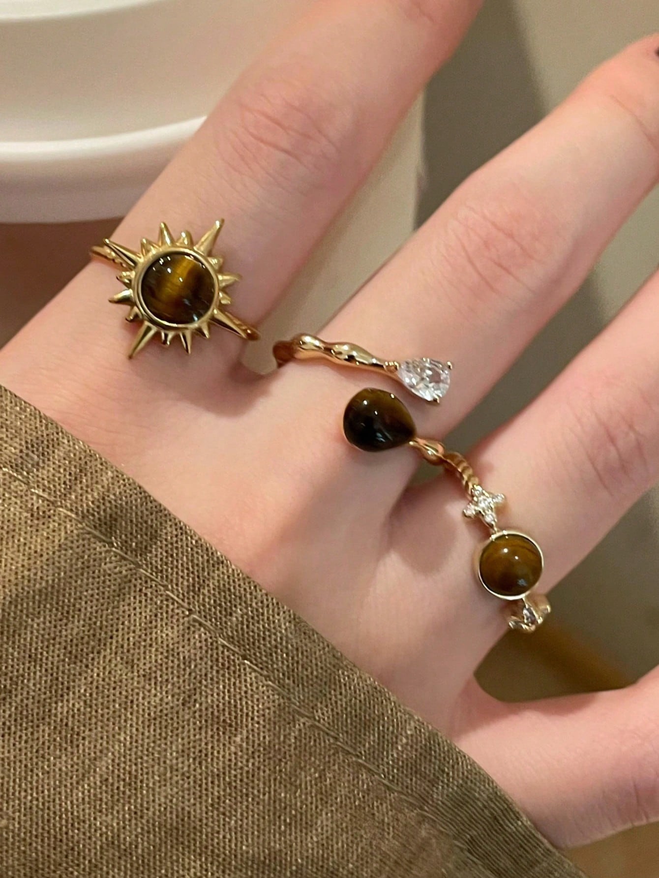 Gold Tiger Eye Sun and Star Rings Set