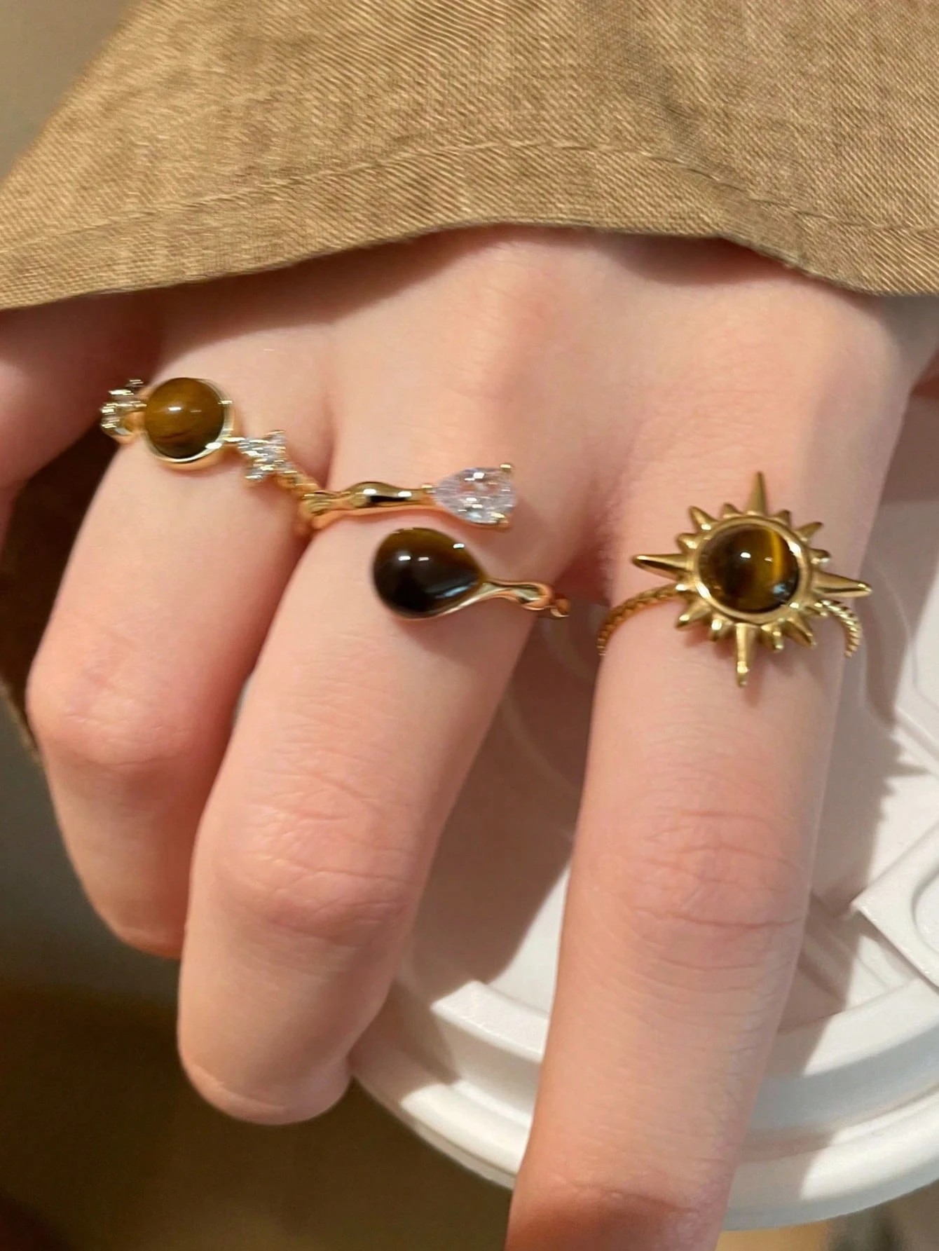 Gold Tiger Eye Sun and Star Rings Set