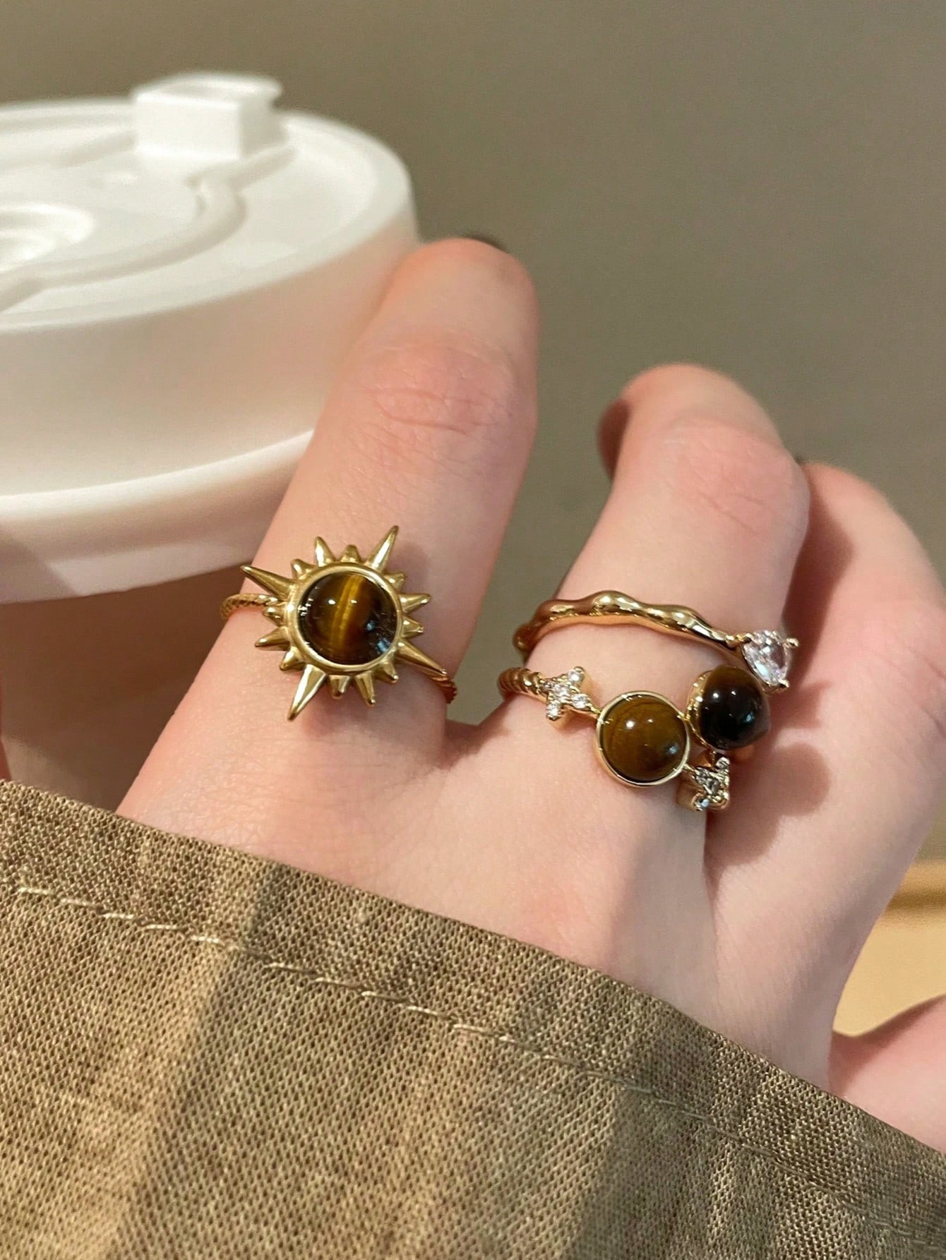 Gold Tiger Eye Sun and Star Rings Set