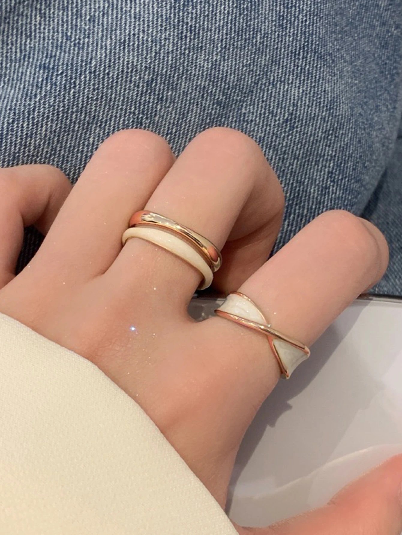 Gold and White Enamel Stackable Ring Set