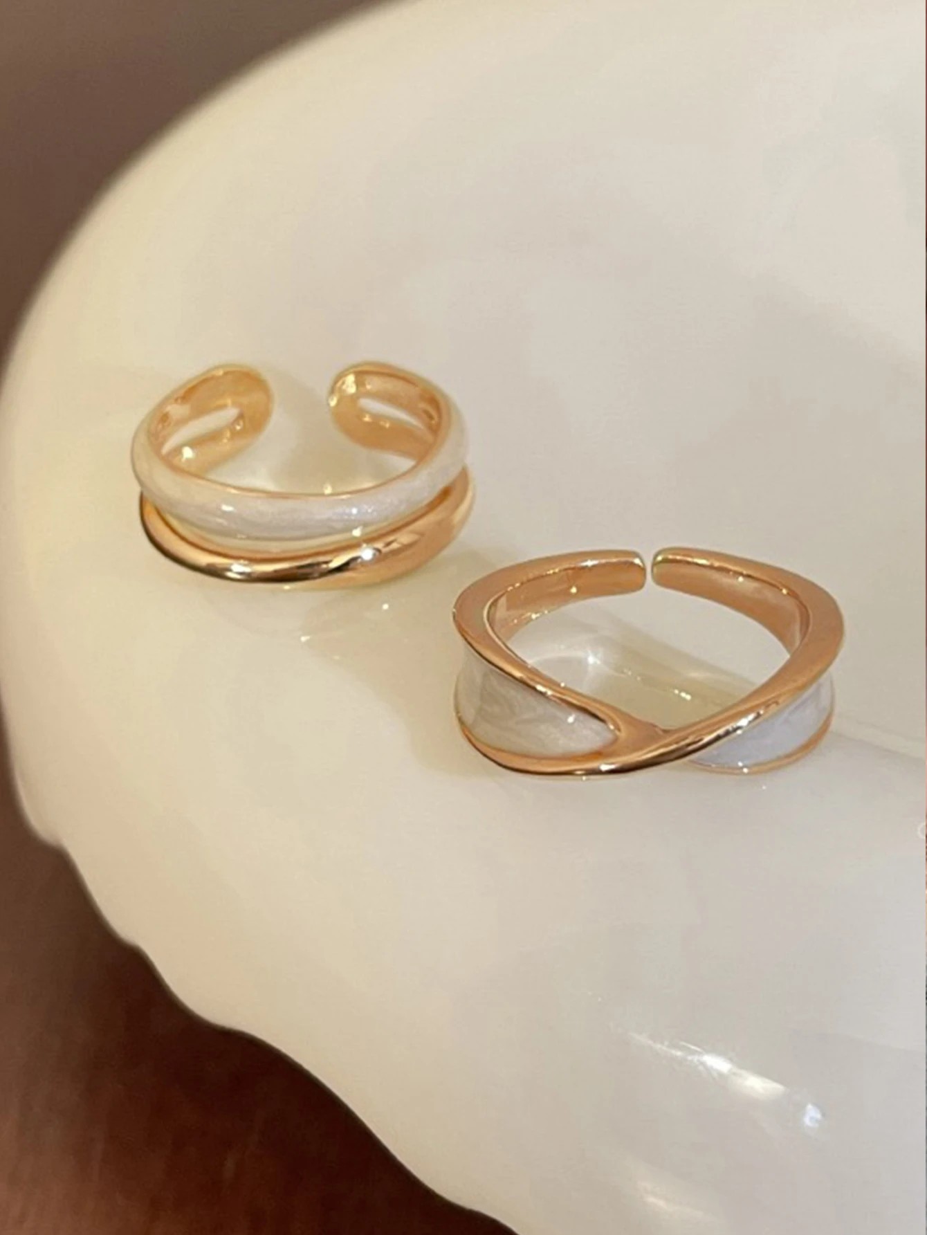 Gold and White Enamel Stackable Ring Set