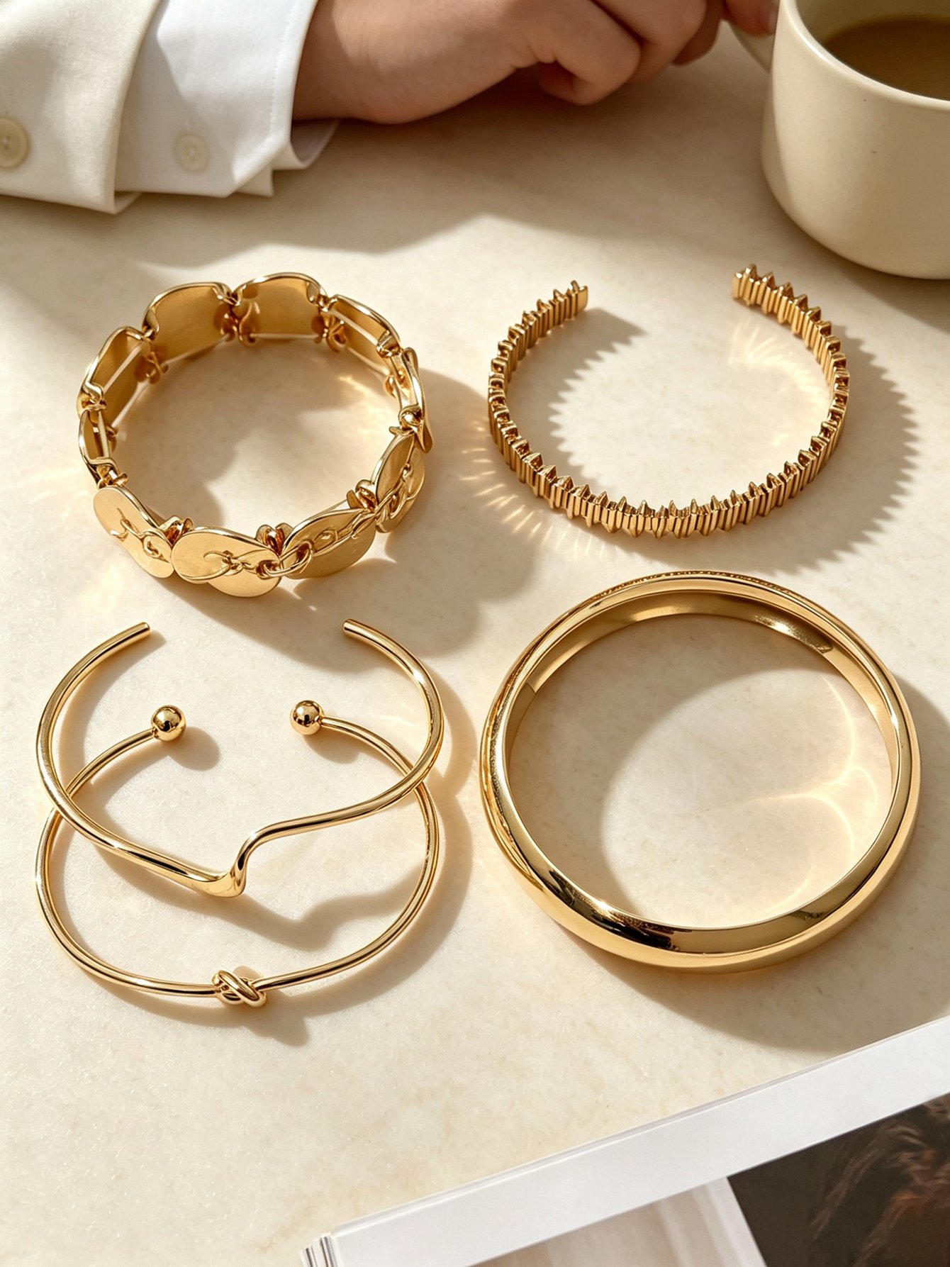 Golden Bangle Bracelet Set (5-Pack) - Casual Everyday Wear.