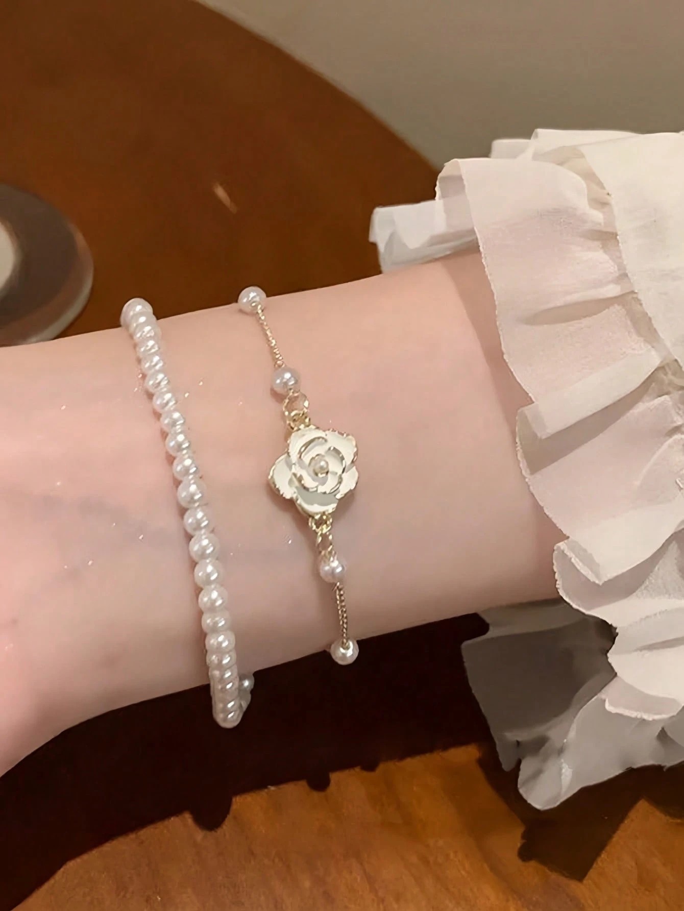 Gold Plated Dual Pearl and Camellia Charm Bracelet Set - Casual Stackable Design (Pack of 2).