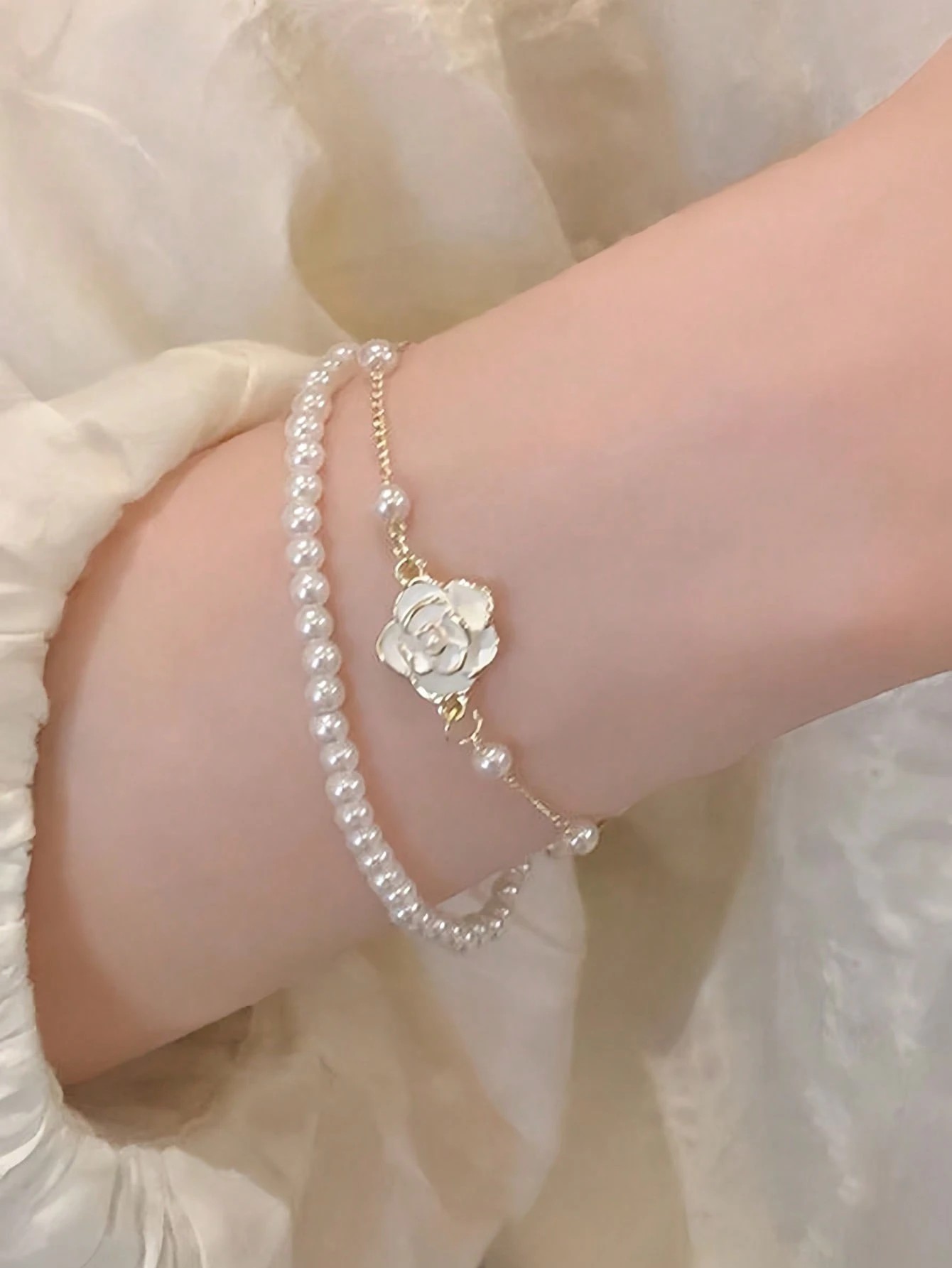 Gold Plated Dual Pearl and Camellia Charm Bracelet Set - Casual Stackable Design (Pack of 2).