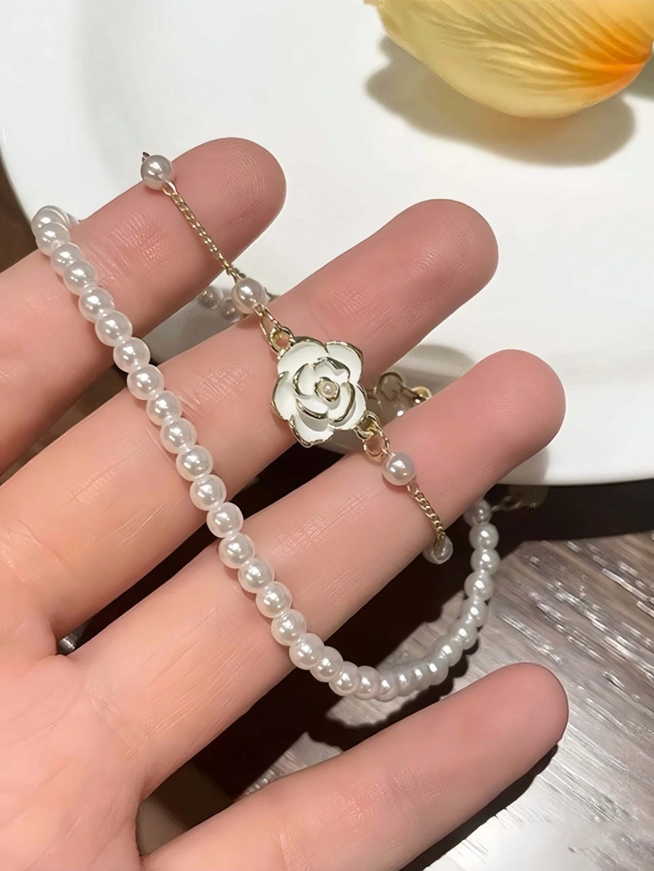 Gold Plated Dual Pearl and Camellia Charm Bracelet Set - Casual Stackable Design (Pack of 2).