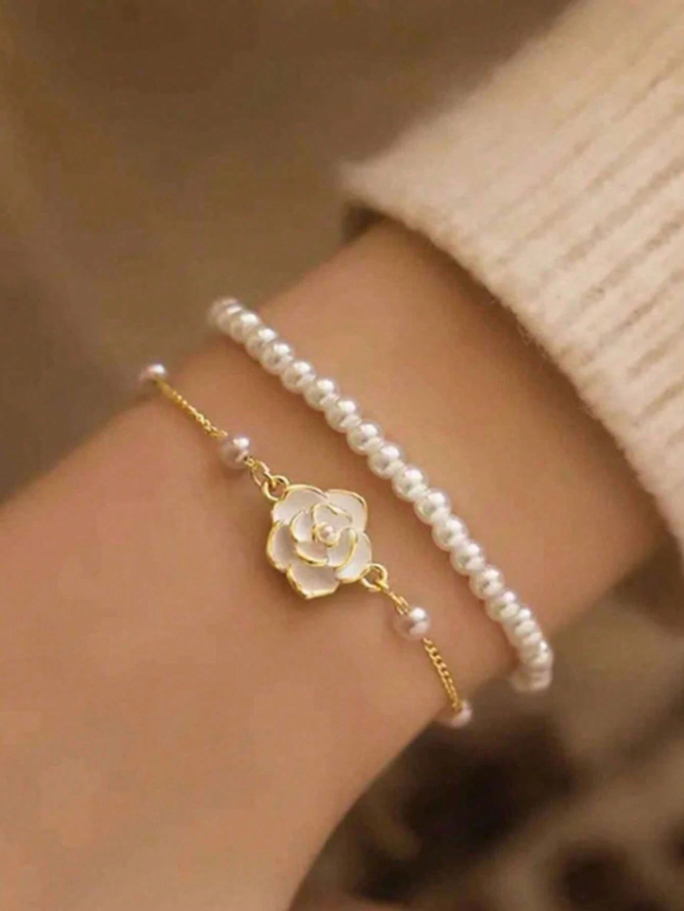 Gold Plated Dual Pearl and Camellia Charm Bracelet Set - Casual Stackable Design (Pack of 2).