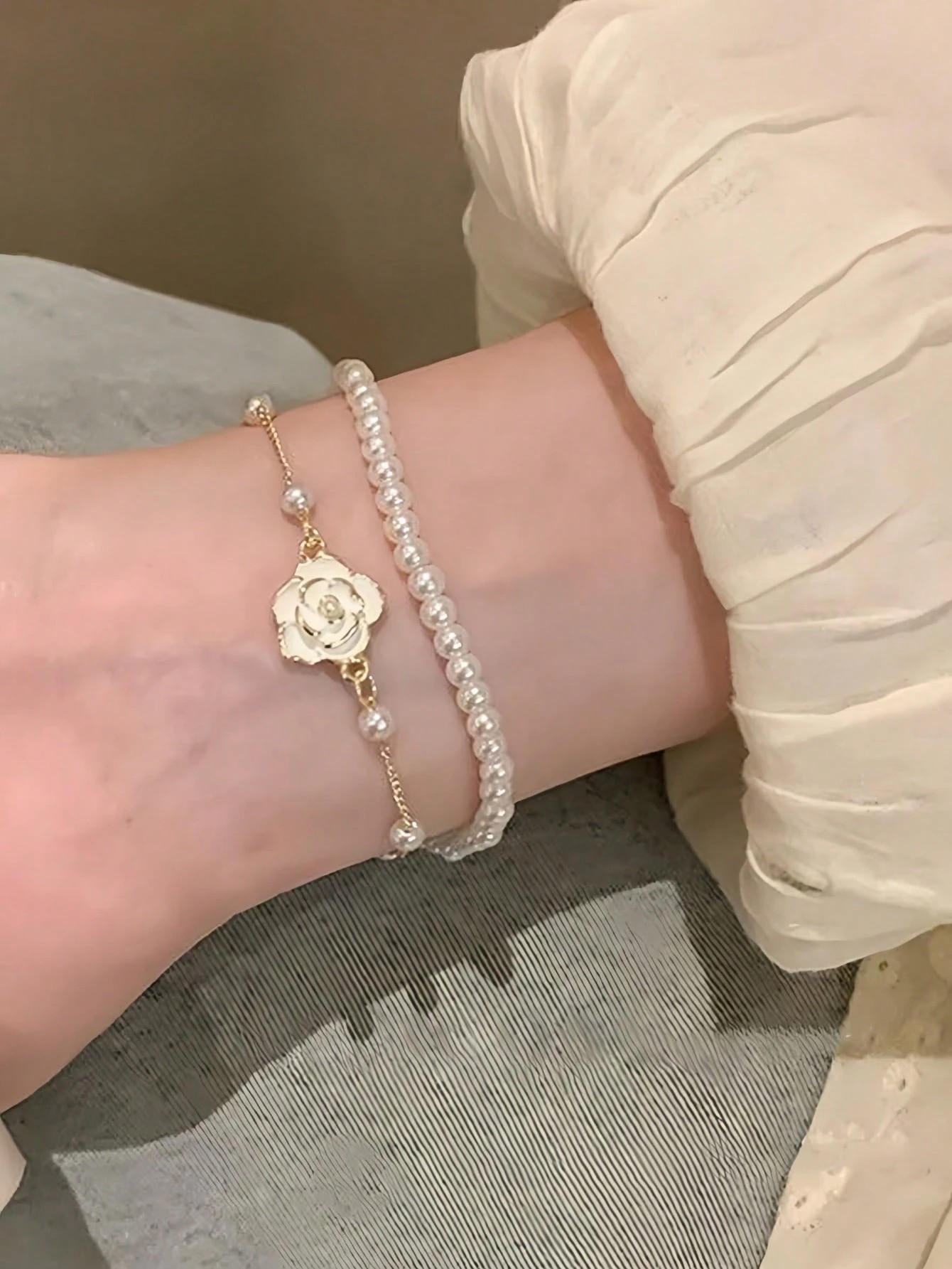 Gold Plated Dual Pearl and Camellia Charm Bracelet Set - Casual Stackable Design (Pack of 2).