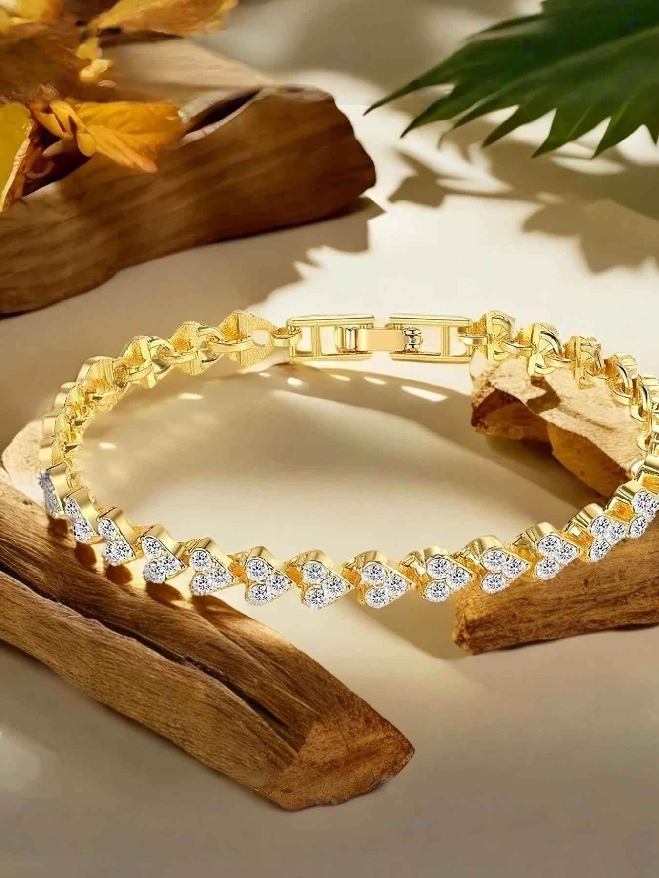 Gold Plated Heart Charm Bracelet with Zirconia - Casual Wear for Her.