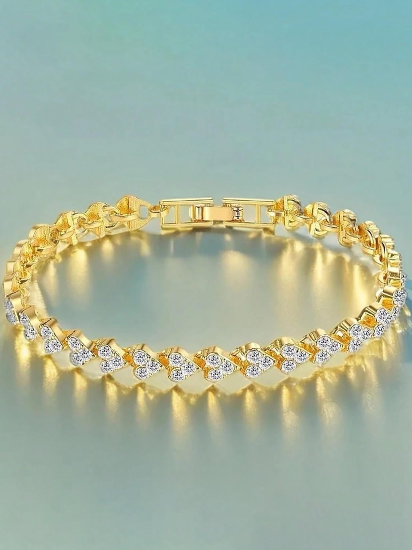 Gold Plated Heart Charm Bracelet with Zirconia - Casual Wear for Her.