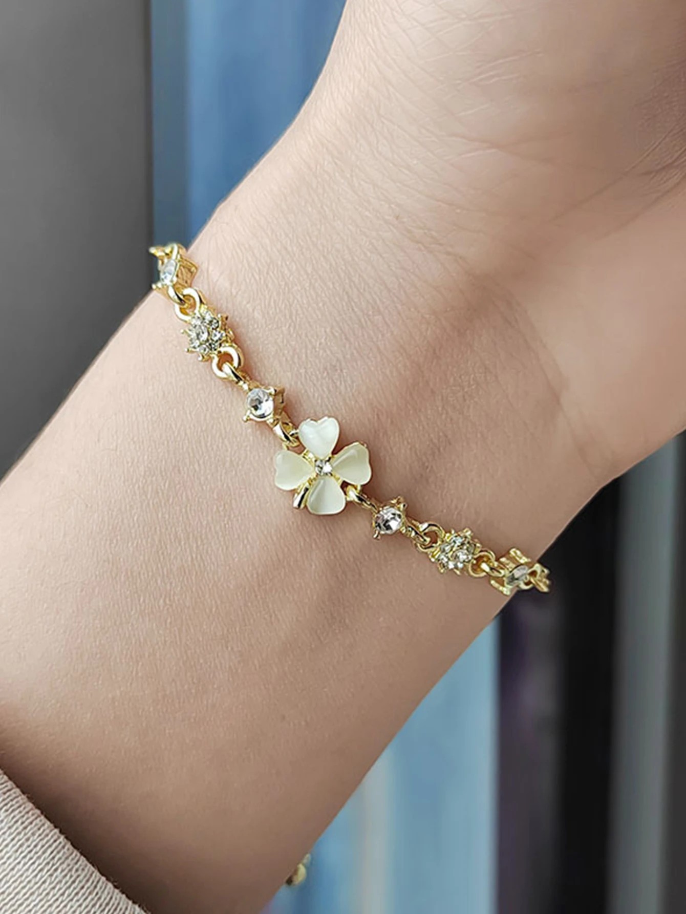 Gold Plated Clover Charm Bracelet with Zirconia - Elegant Everyday Wear for Her.