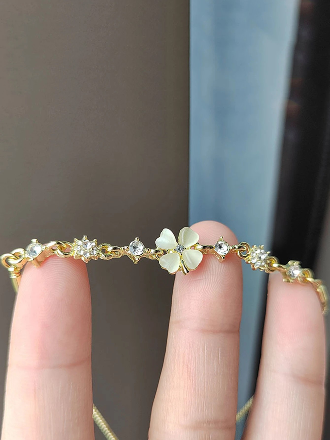 Gold Plated Clover Charm Bracelet with Zirconia - Elegant Everyday Wear for Her.