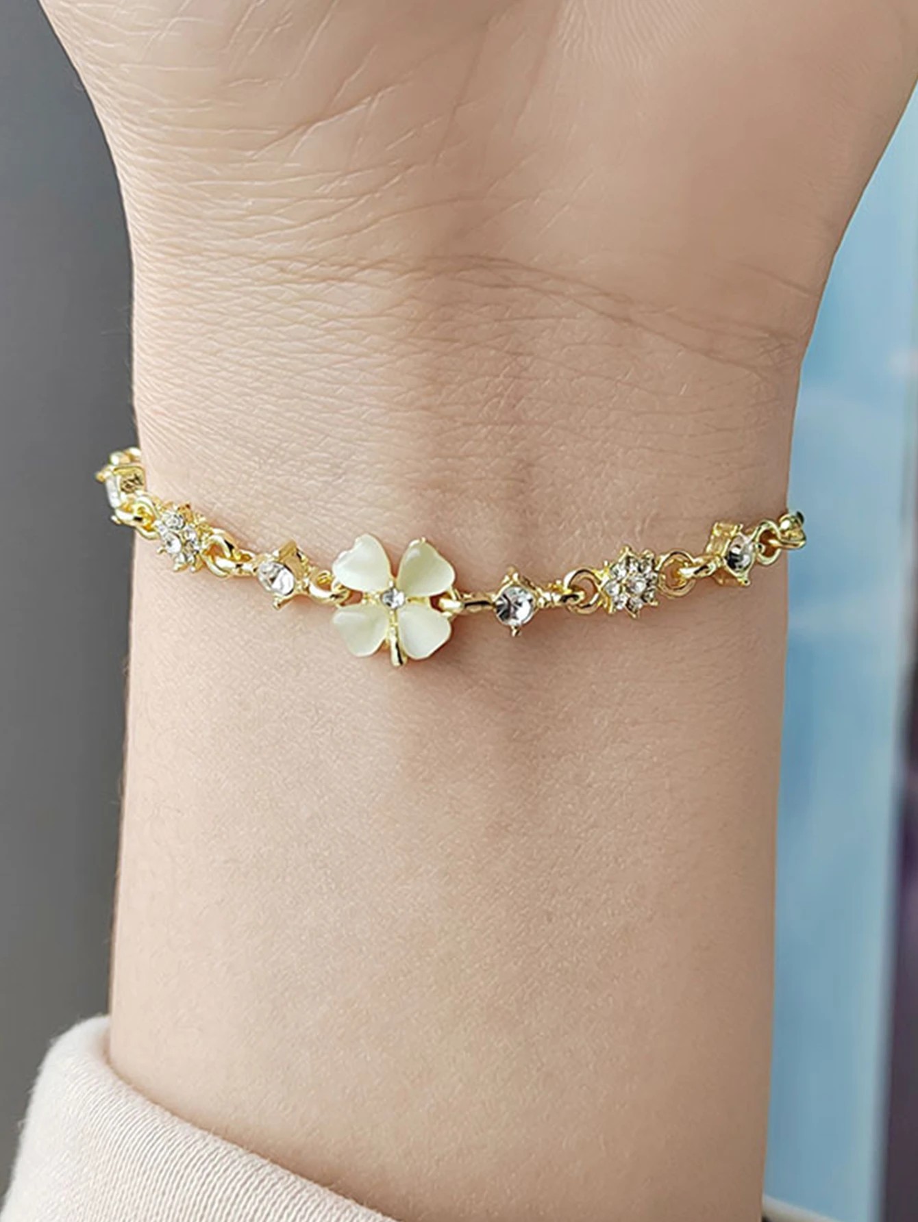 Gold Plated Clover Charm Bracelet with Zirconia - Elegant Everyday Wear for Her.