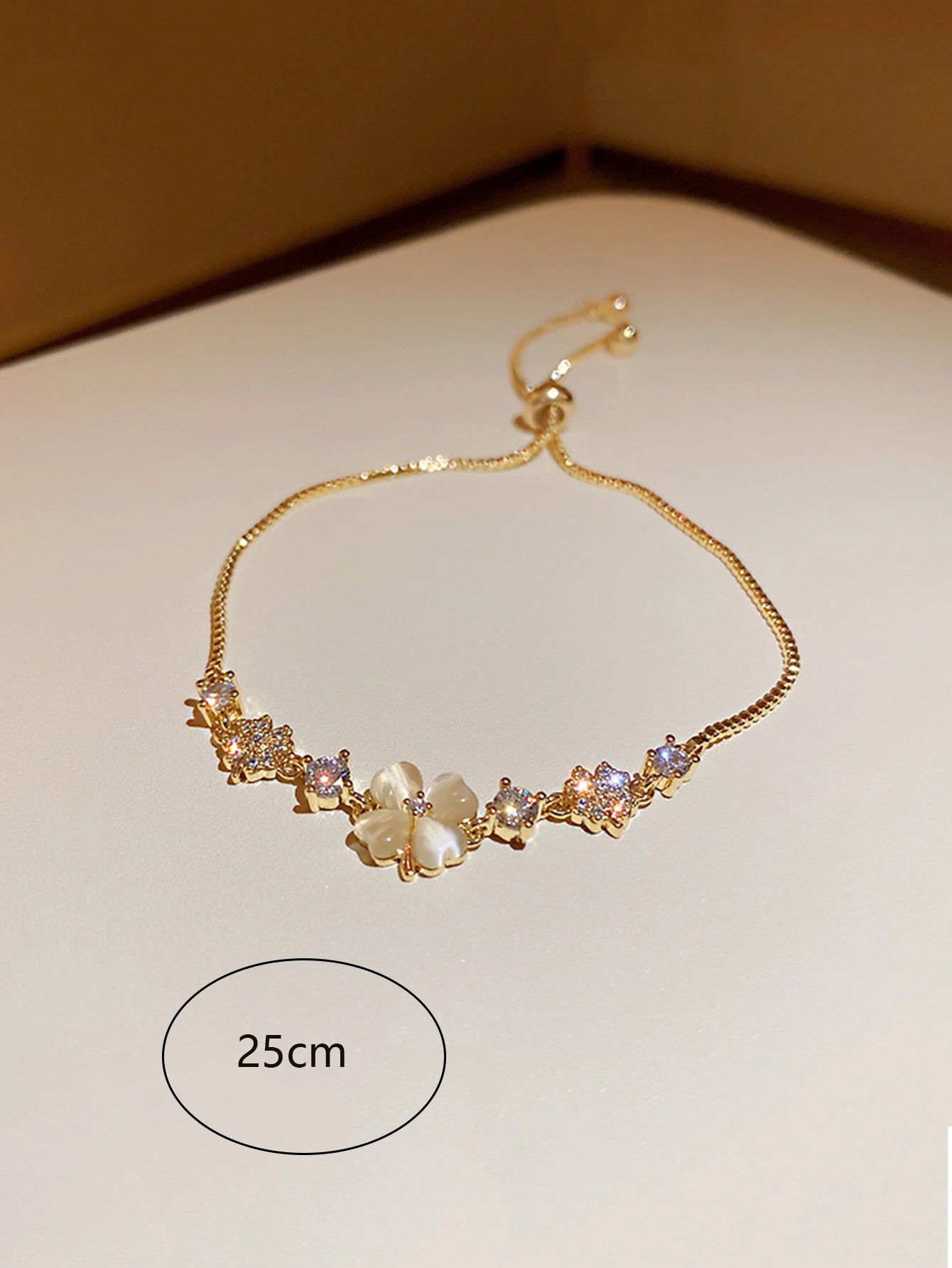 Gold Plated Clover Charm Bracelet with Zirconia - Elegant Everyday Wear for Her.