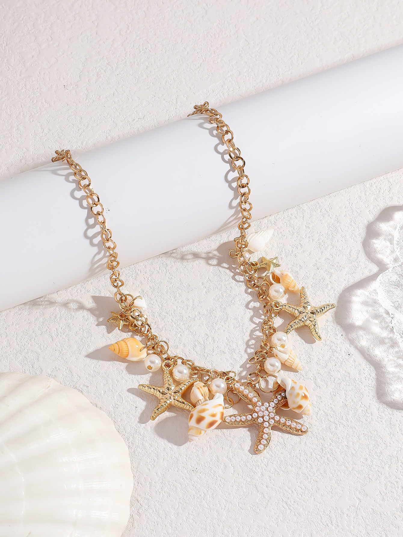 Gold Pearl and Seashell Charm Choker Necklace