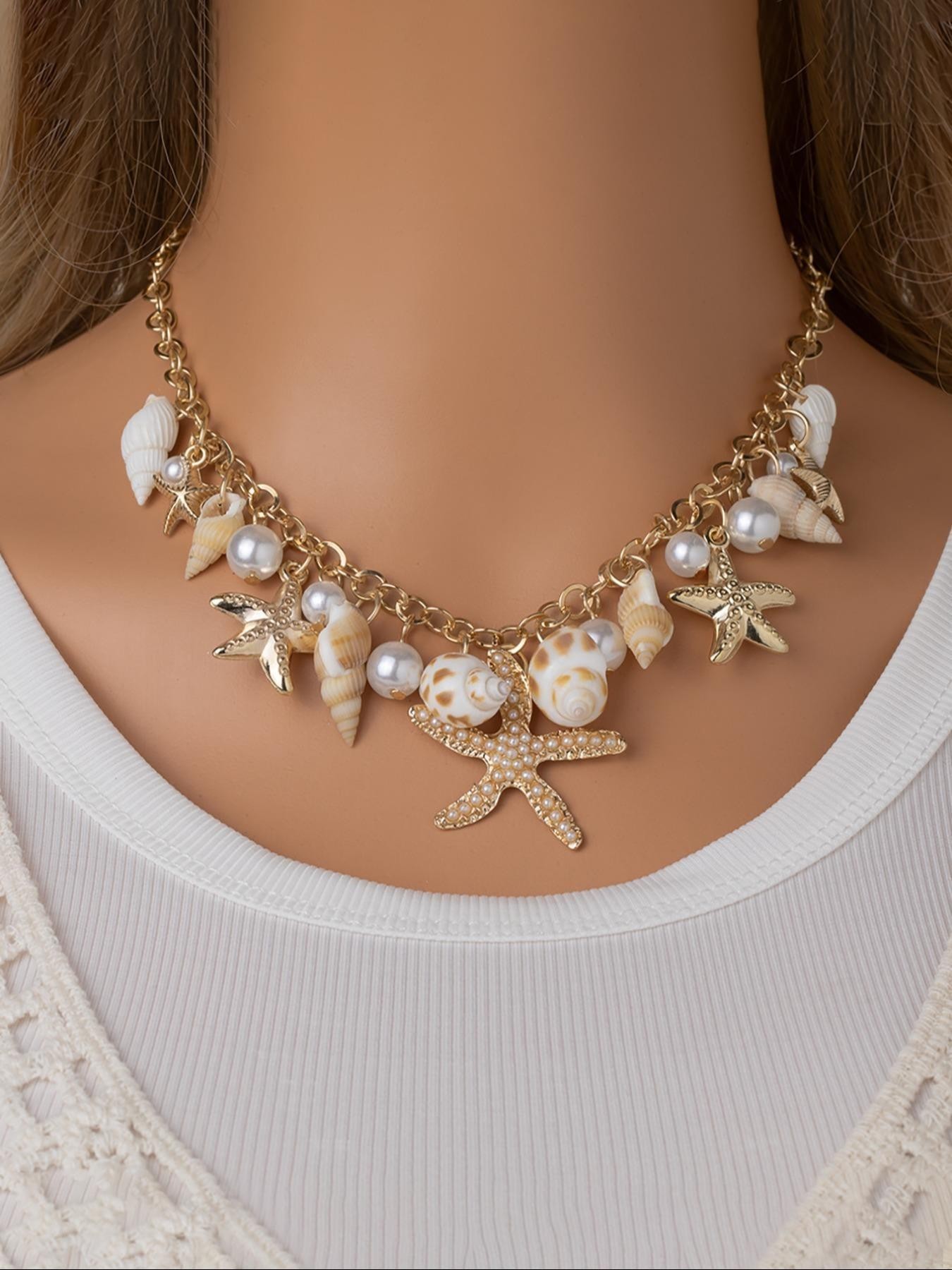 Gold Pearl and Seashell Charm Choker Necklace