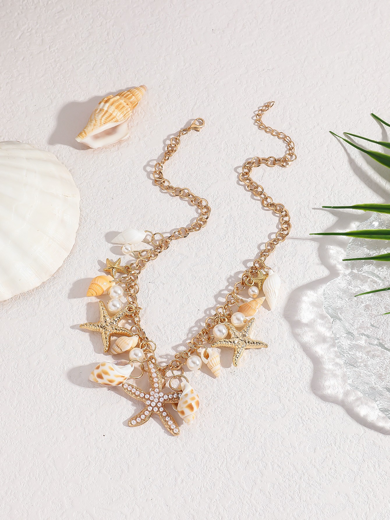 Gold Pearl and Seashell Charm Choker Necklace