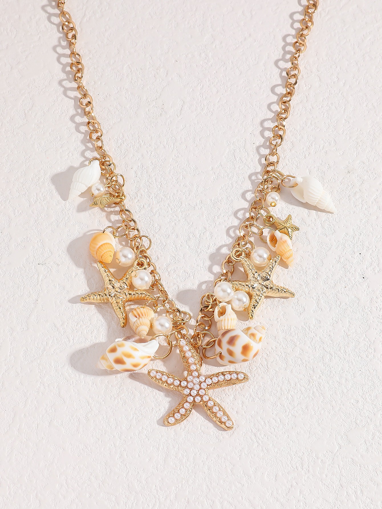 Gold Pearl and Seashell Charm Choker Necklace