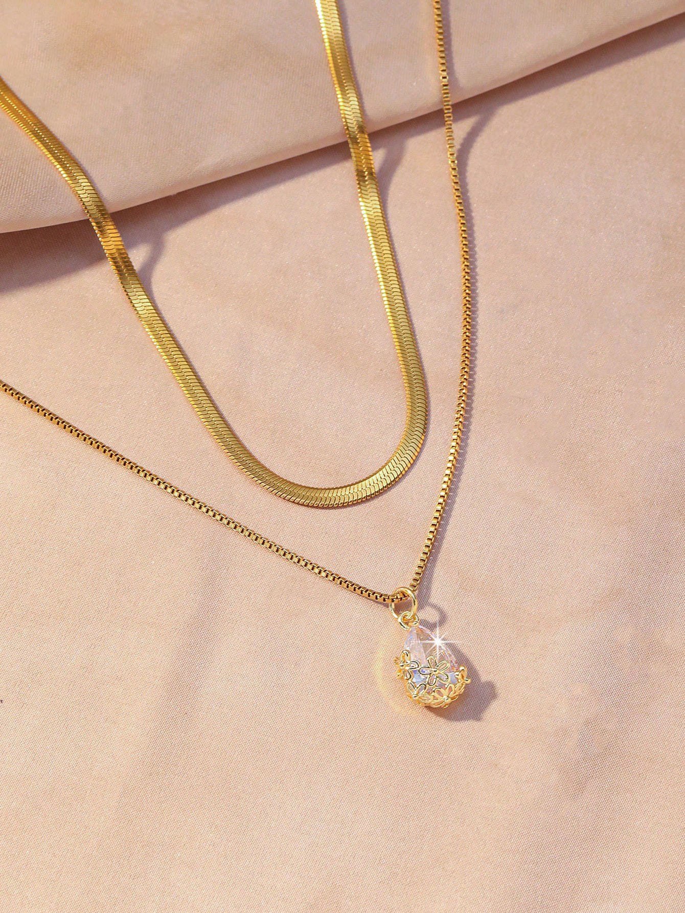 Gold Layered Necklace Set with Teardrop Crystal Pendant
