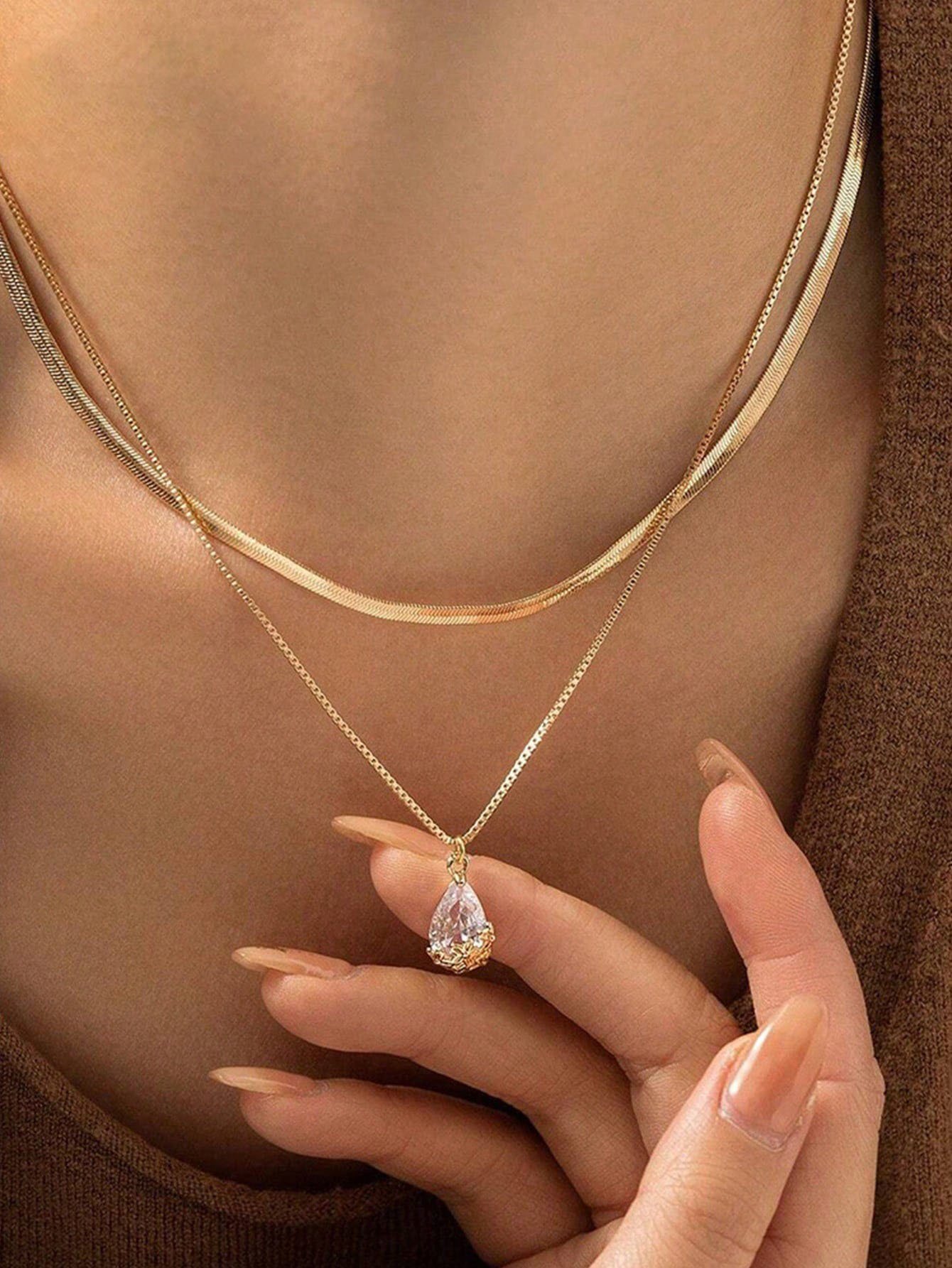 Gold Layered Necklace Set with Teardrop Crystal Pendant