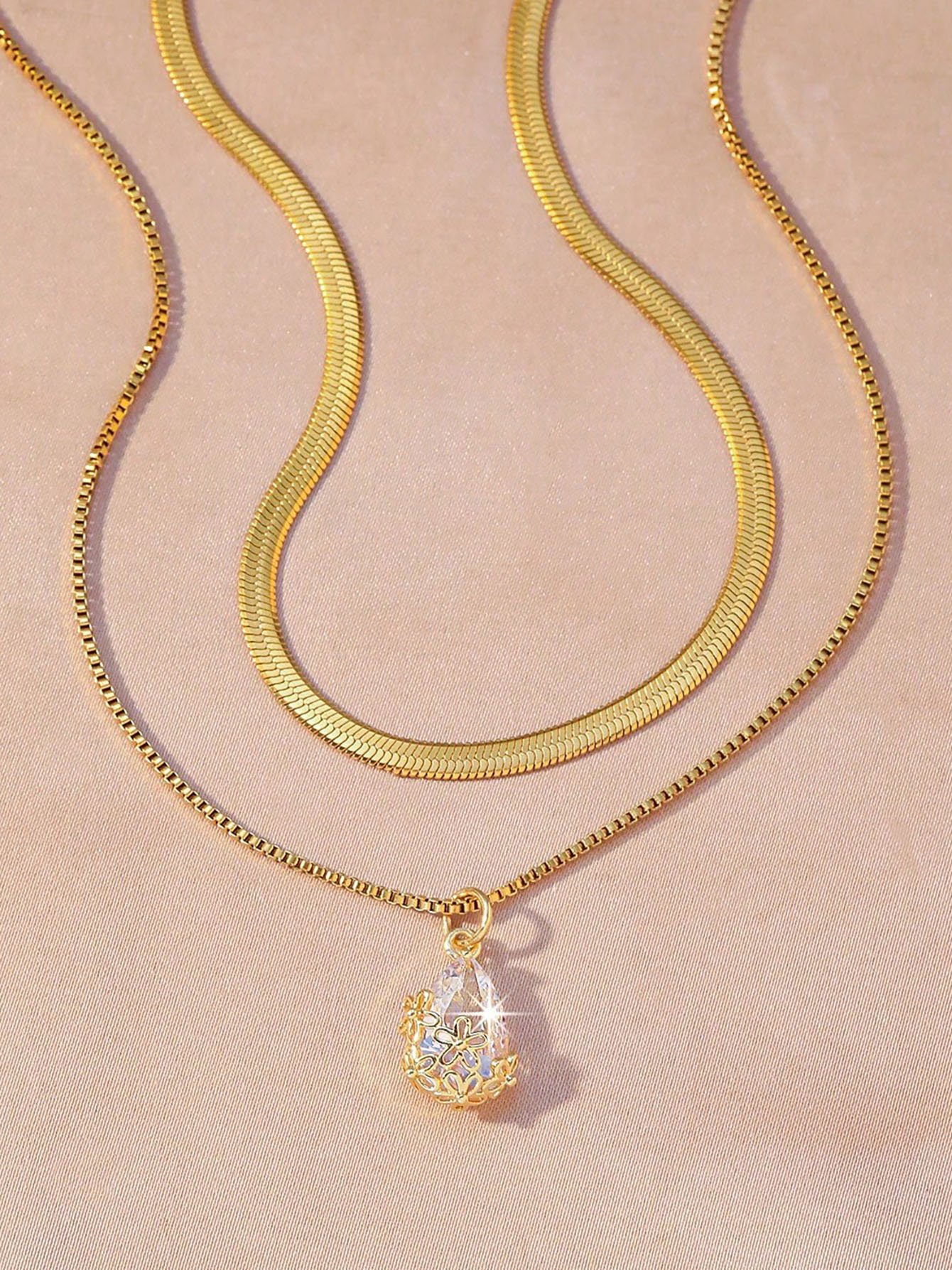 Gold Layered Necklace Set with Teardrop Crystal Pendant