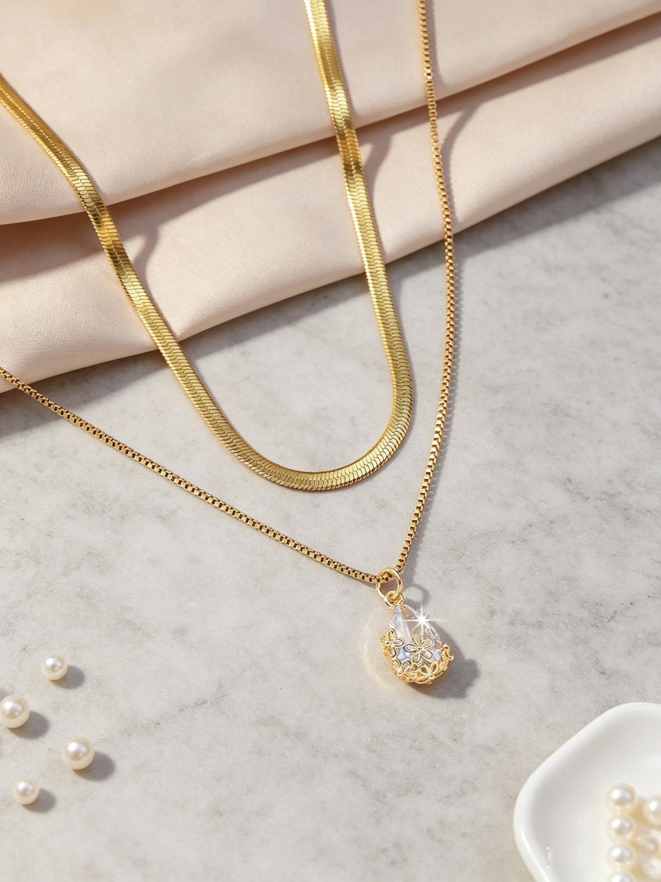 Gold Layered Necklace Set with Teardrop Crystal Pendant
