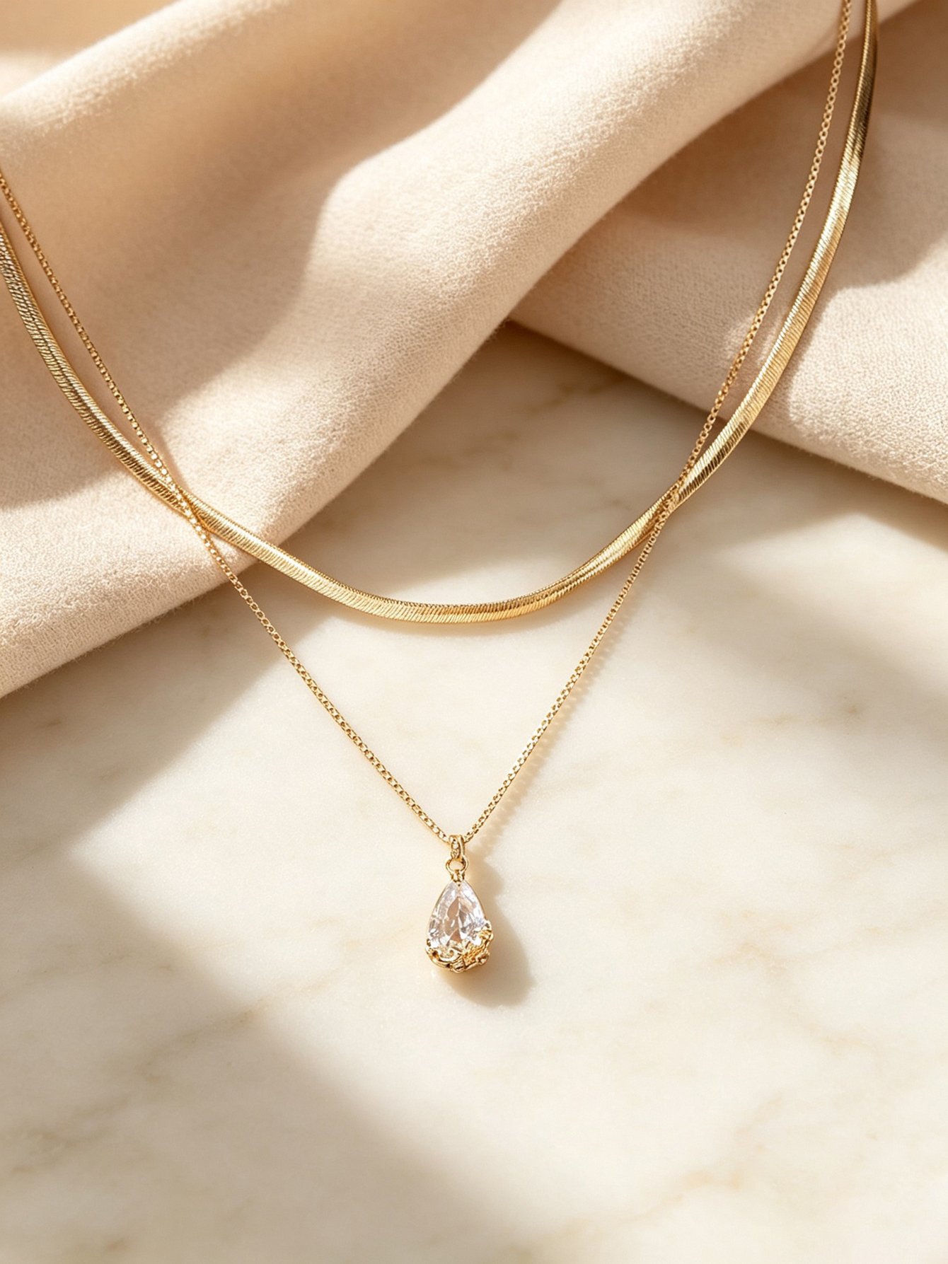 Gold Layered Necklace Set with Teardrop Crystal Pendant